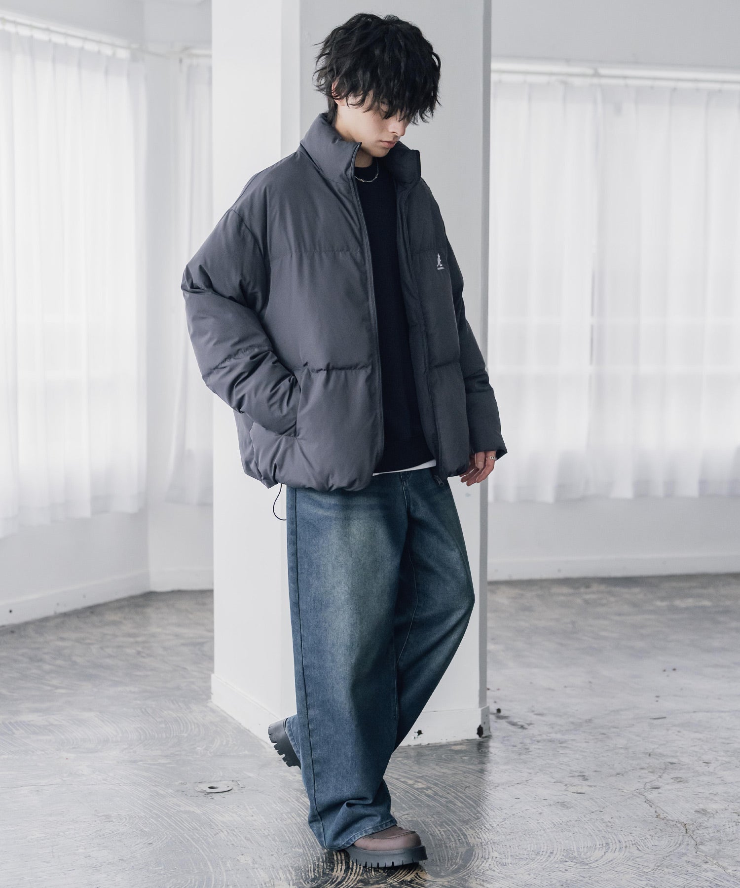 KANGOL カンゴール 別注コラボ オーバーサイズワンポイントロゴ刺繍スタンドネックファイバーダウン中綿ジャケット 15989