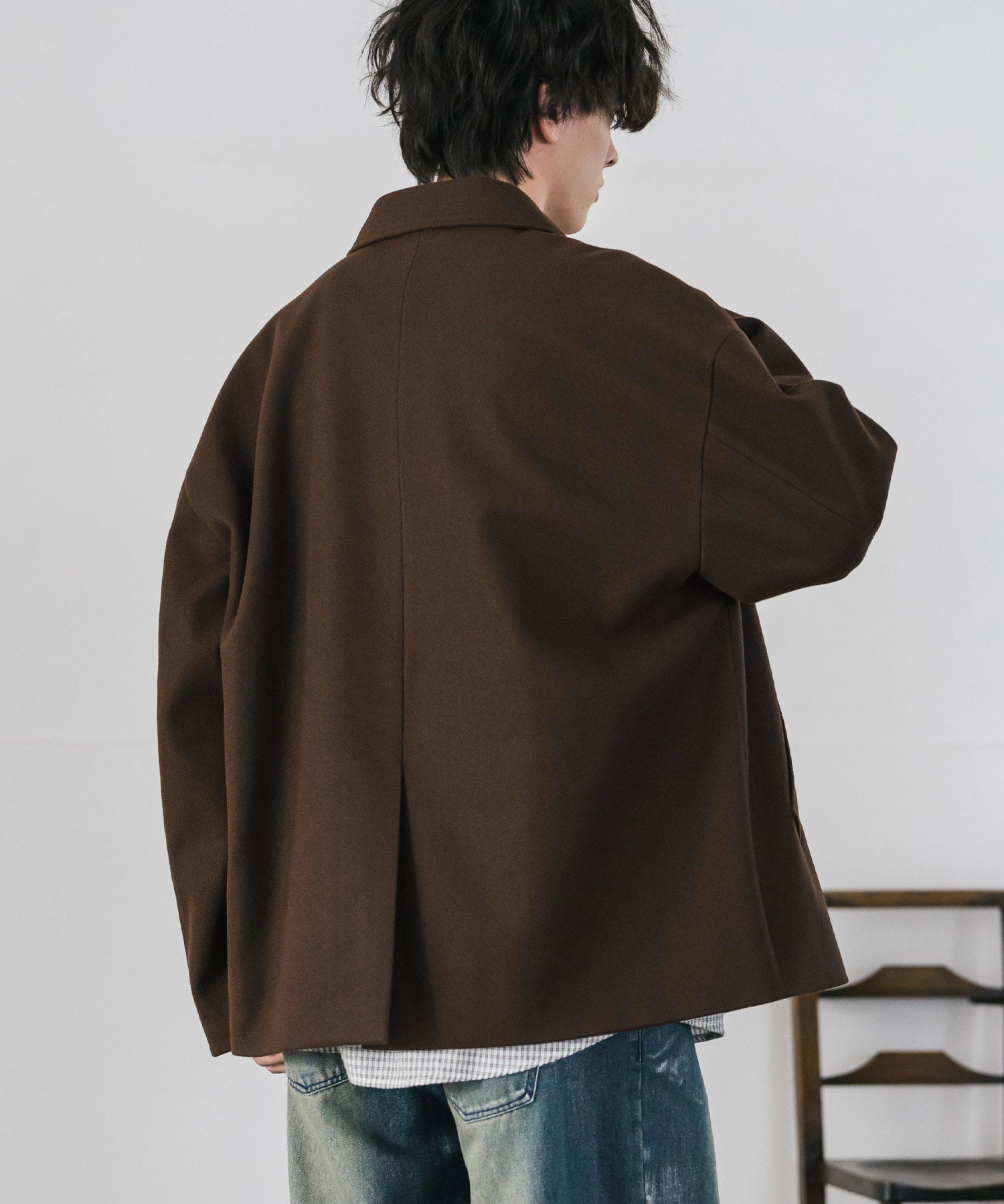T/M オーバーサイズダブルブレストショート丈Pコート/テックメルトン短丈ジャケット 15992