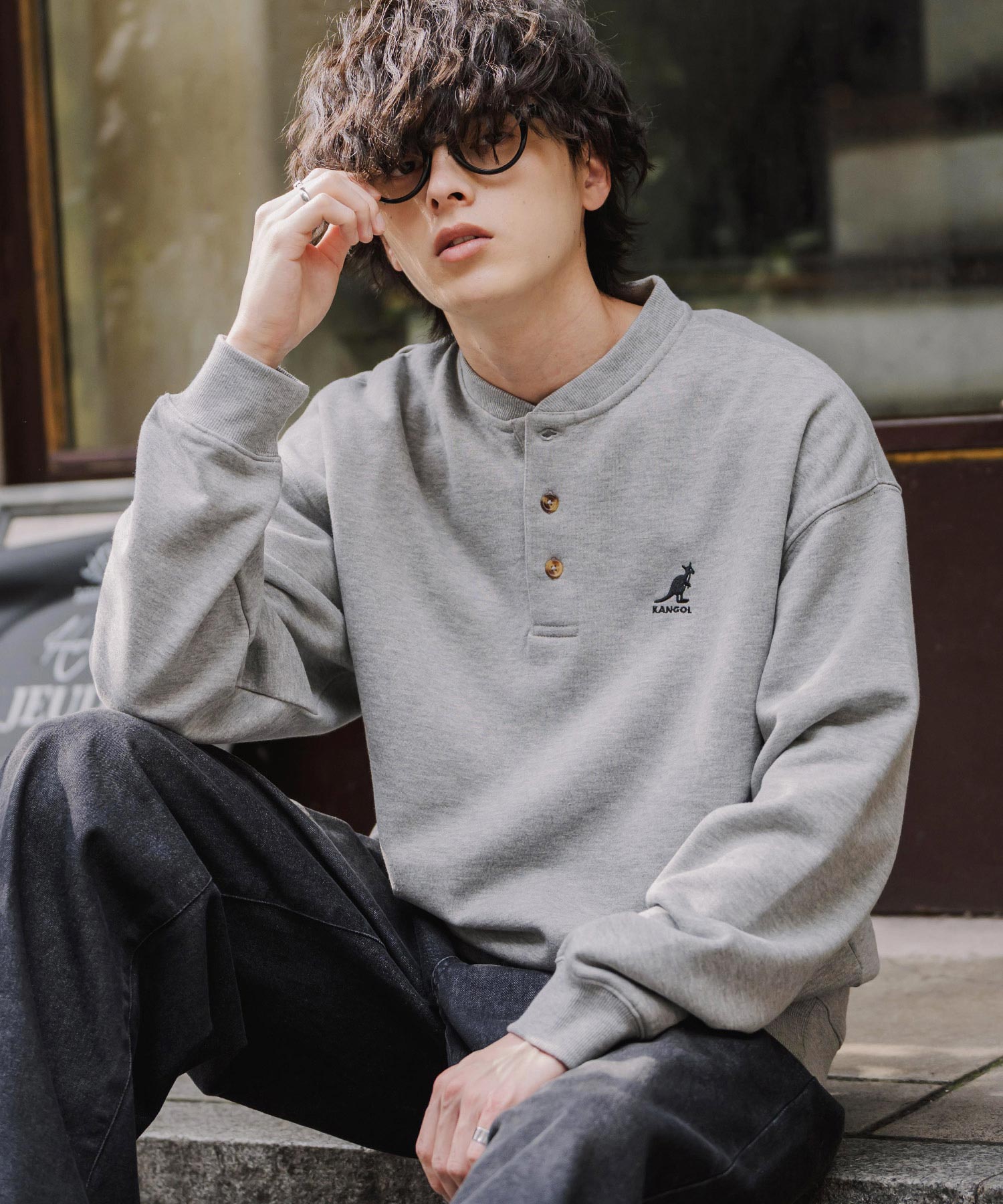 KANGOL カンゴール 別注コラボ オーバーサイズ裏起毛ワンポイントロゴ刺繍ヘンリーネックトレーナー 16000