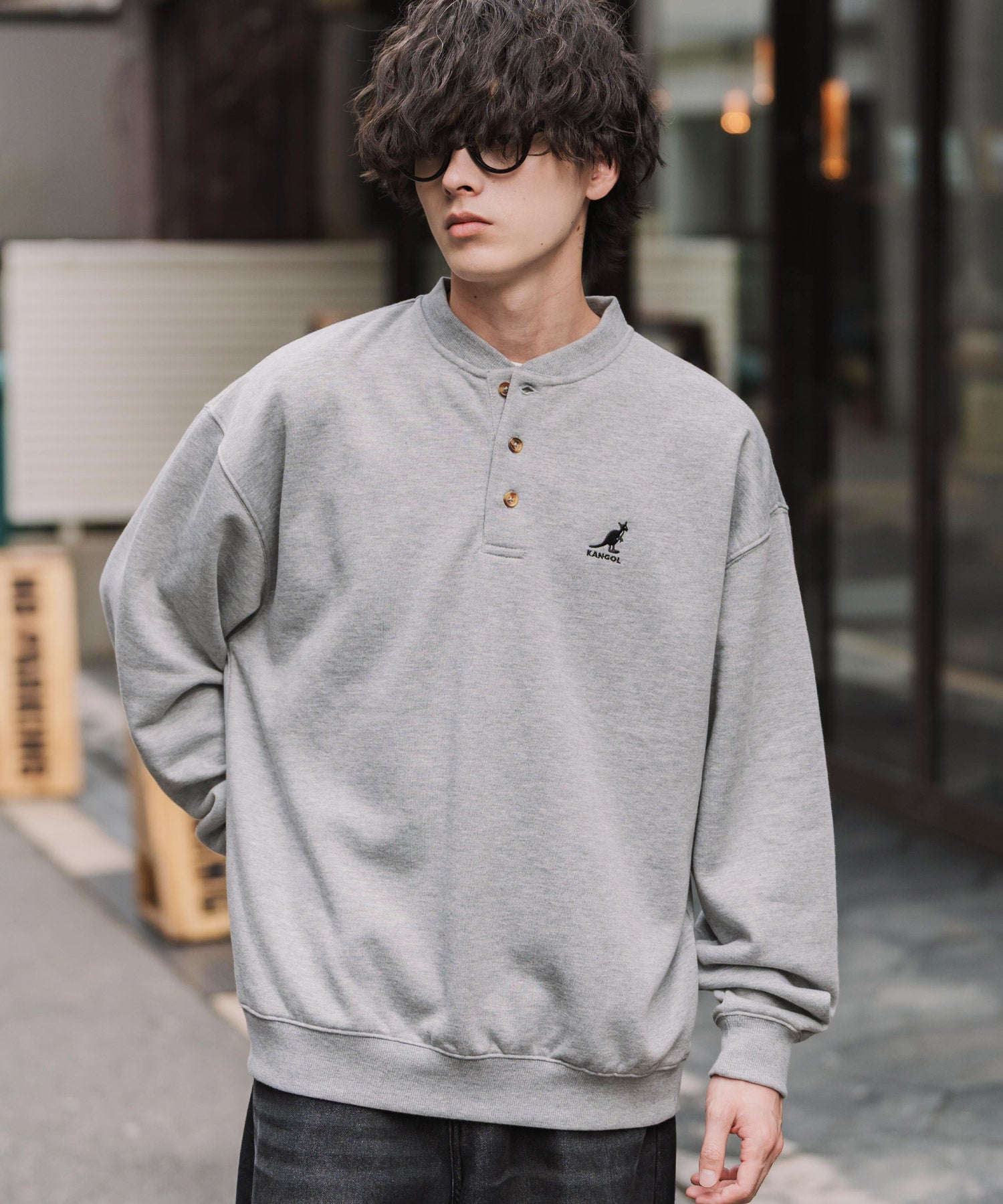KANGOL カンゴール 別注コラボ オーバーサイズ裏起毛ワンポイントロゴ刺繍ヘンリーネックトレーナー 16000