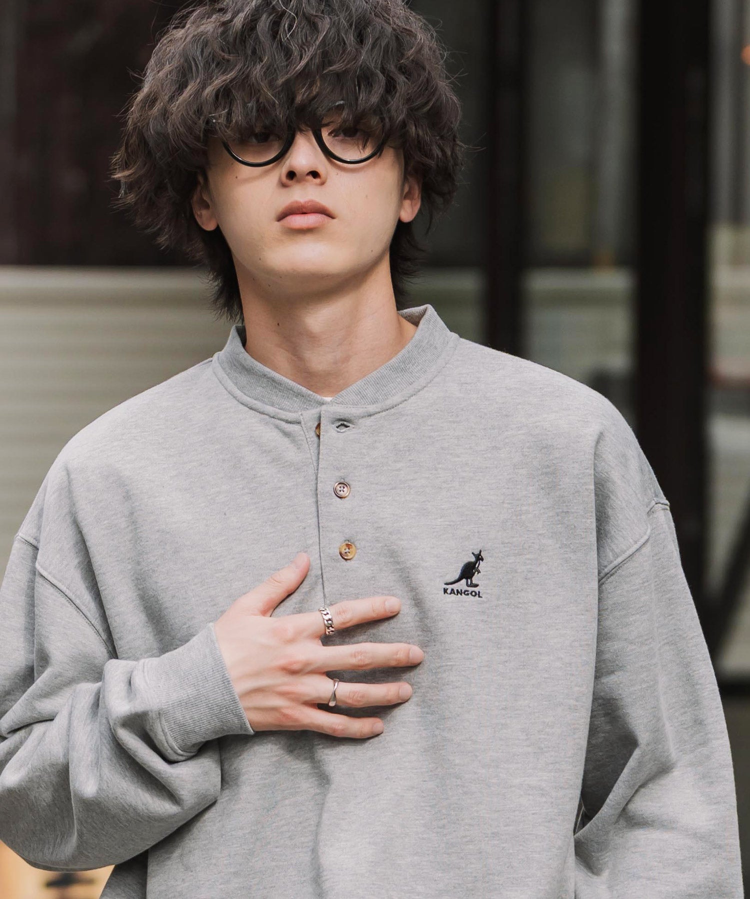 KANGOL カンゴール 別注コラボ オーバーサイズ裏起毛ワンポイントロゴ刺繍ヘンリーネックトレーナー 16000