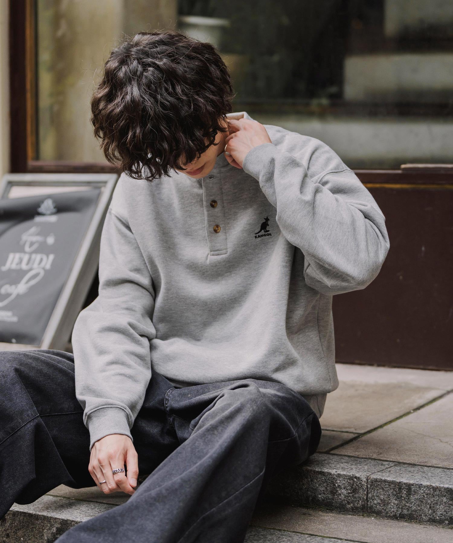 KANGOL カンゴール 別注コラボ オーバーサイズ裏起毛ワンポイントロゴ刺繍ヘンリーネックトレーナー 16000