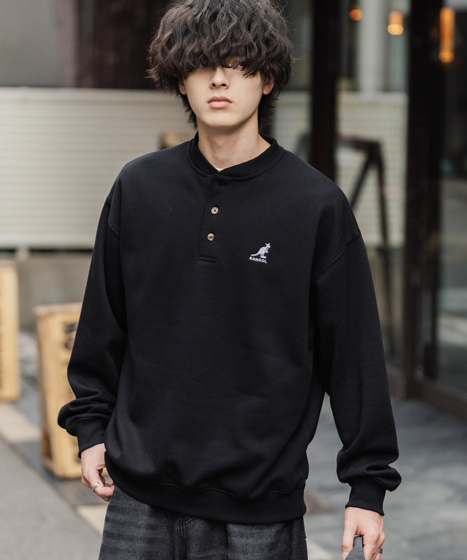 KANGOL カンゴール 別注コラボ オーバーサイズ裏起毛ワンポイントロゴ刺繍ヘンリーネックトレーナー 16000
