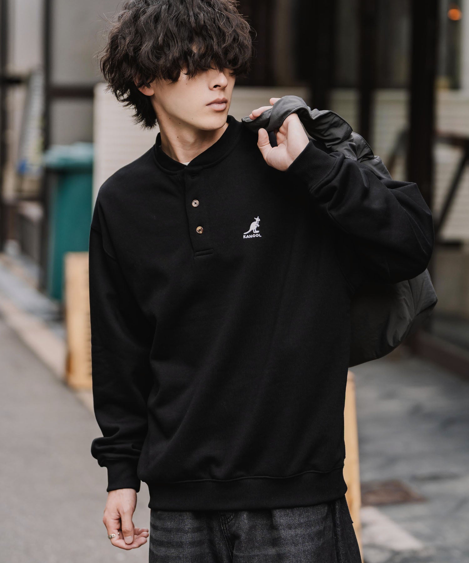 KANGOL カンゴール 別注コラボ オーバーサイズ裏起毛ワンポイントロゴ刺繍ヘンリーネックトレーナー 16000