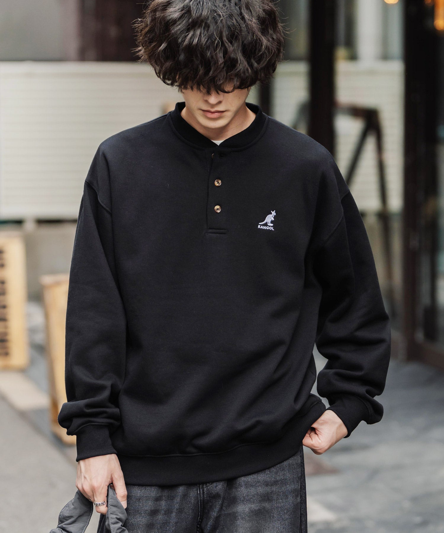 KANGOL カンゴール 別注コラボ オーバーサイズ裏起毛ワンポイントロゴ刺繍ヘンリーネックトレーナー 16000