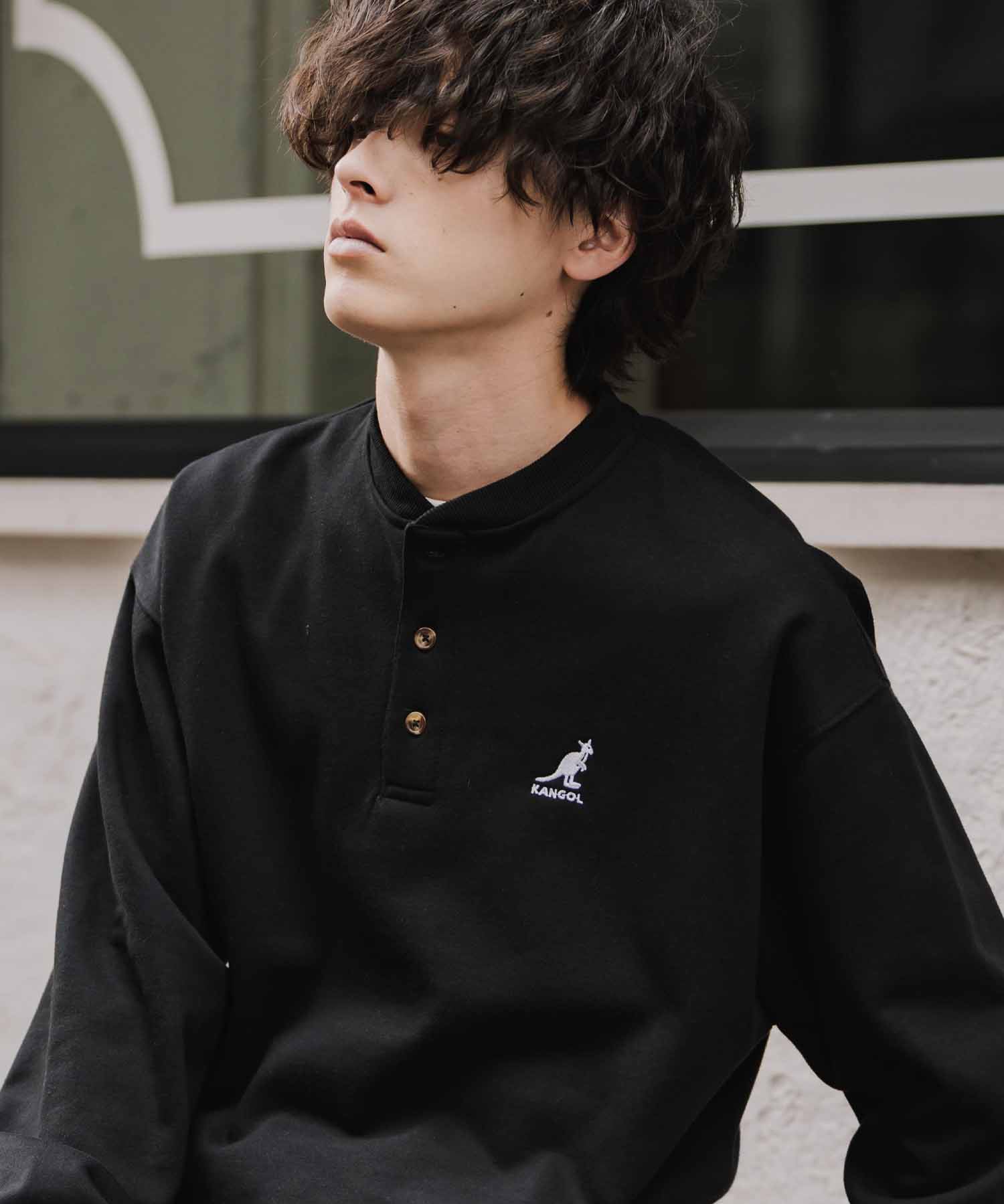KANGOL カンゴール 別注コラボ オーバーサイズ裏起毛ワンポイントロゴ刺繍ヘンリーネックトレーナー 16000