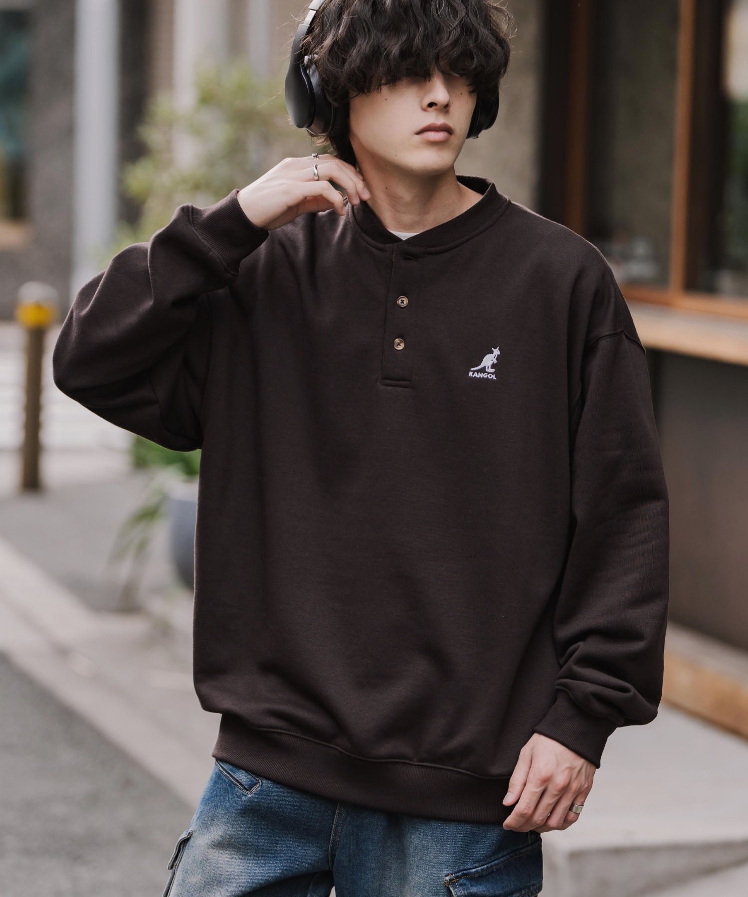 KANGOL カンゴール 別注コラボ オーバーサイズ裏起毛ワンポイントロゴ刺繍ヘンリーネックトレーナー 16000
