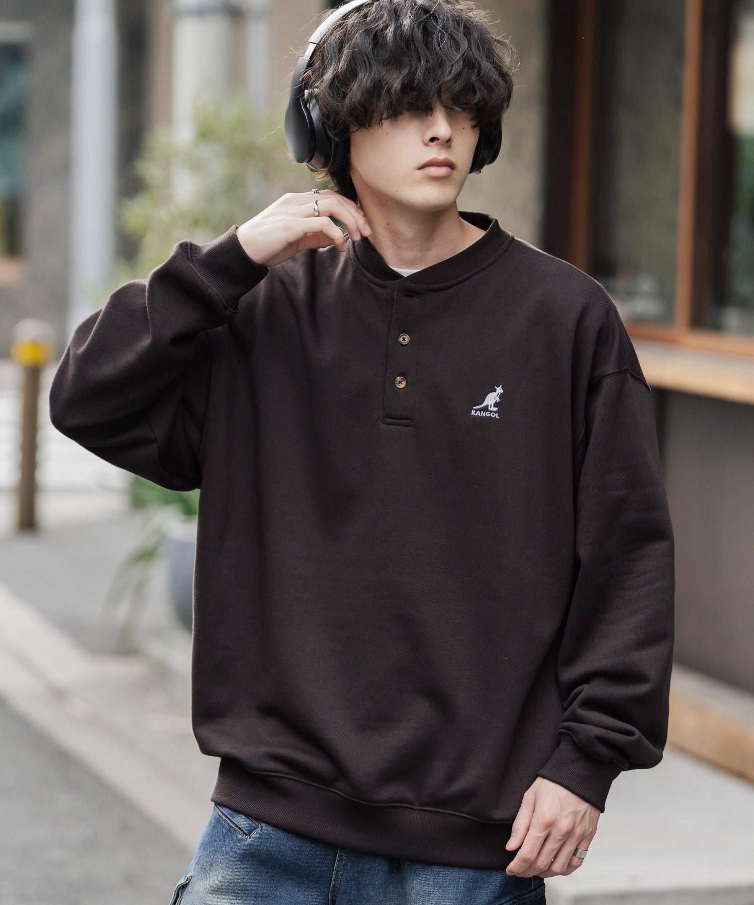 KANGOL カンゴール 別注コラボ オーバーサイズ裏起毛ワンポイントロゴ刺繍ヘンリーネックトレーナー 16000