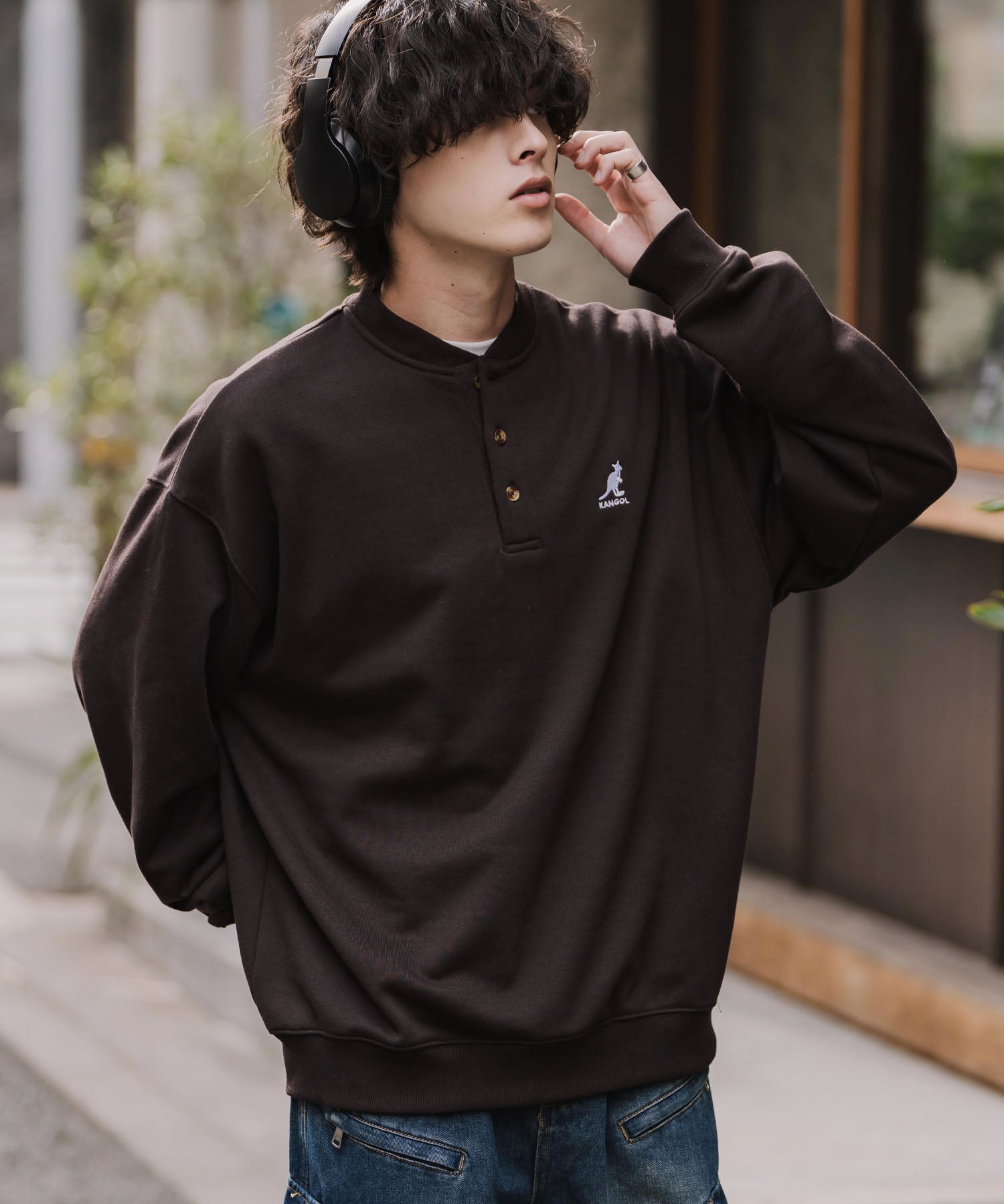 KANGOL カンゴール 別注コラボ オーバーサイズ裏起毛ワンポイントロゴ刺繍ヘンリーネックトレーナー 16000