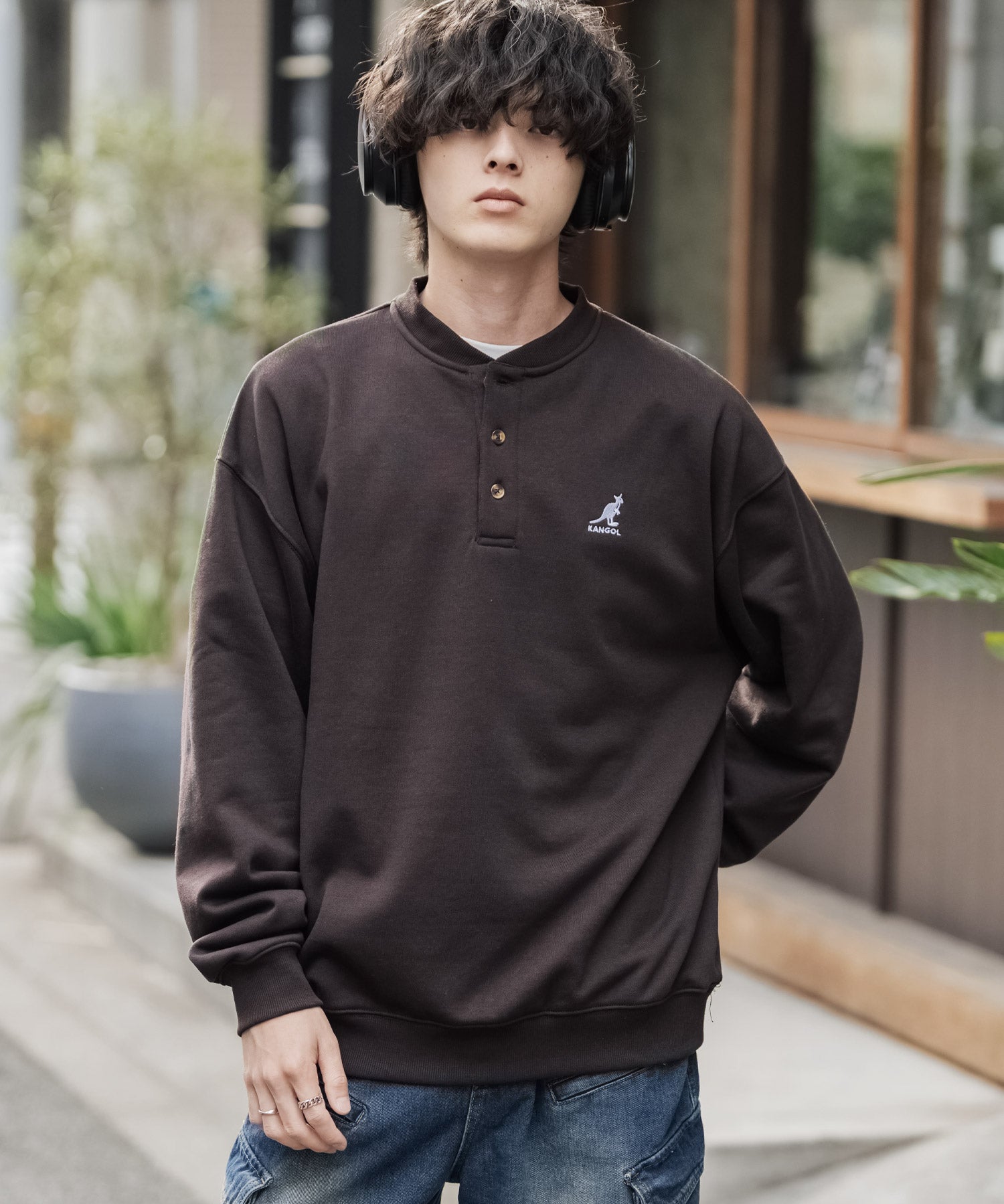 KANGOL カンゴール 別注コラボ オーバーサイズ裏起毛ワンポイントロゴ刺繍ヘンリーネックトレーナー 16000