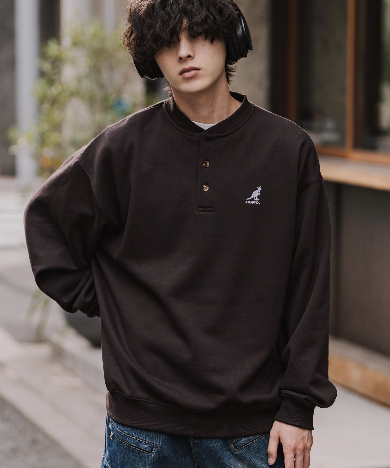KANGOL カンゴール 別注コラボ オーバーサイズ裏起毛ワンポイントロゴ刺繍ヘンリーネックトレーナー 16000