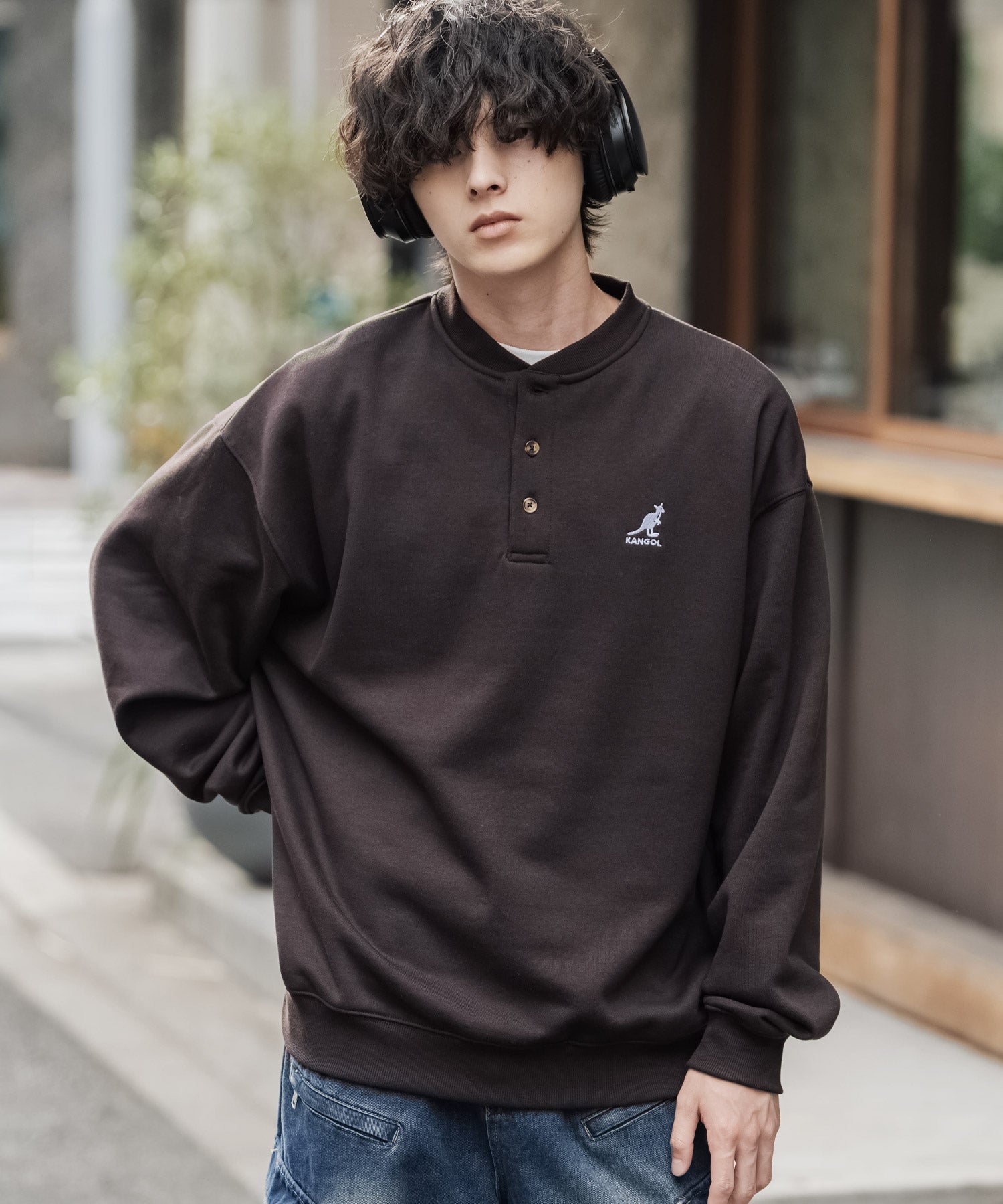KANGOL カンゴール 別注コラボ オーバーサイズ裏起毛ワンポイントロゴ刺繍ヘンリーネックトレーナー 16000