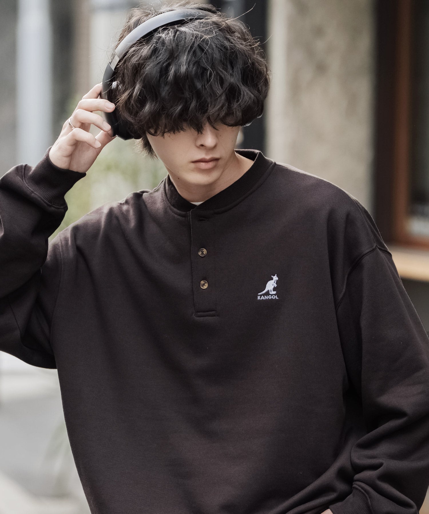 KANGOL カンゴール 別注コラボ オーバーサイズ裏起毛ワンポイントロゴ刺繍ヘンリーネックトレーナー 16000