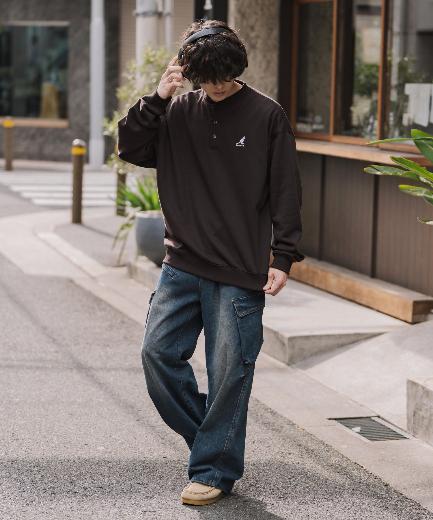 KANGOL カンゴール 別注コラボ オーバーサイズ裏起毛ワンポイントロゴ刺繍ヘンリーネックトレーナー 16000