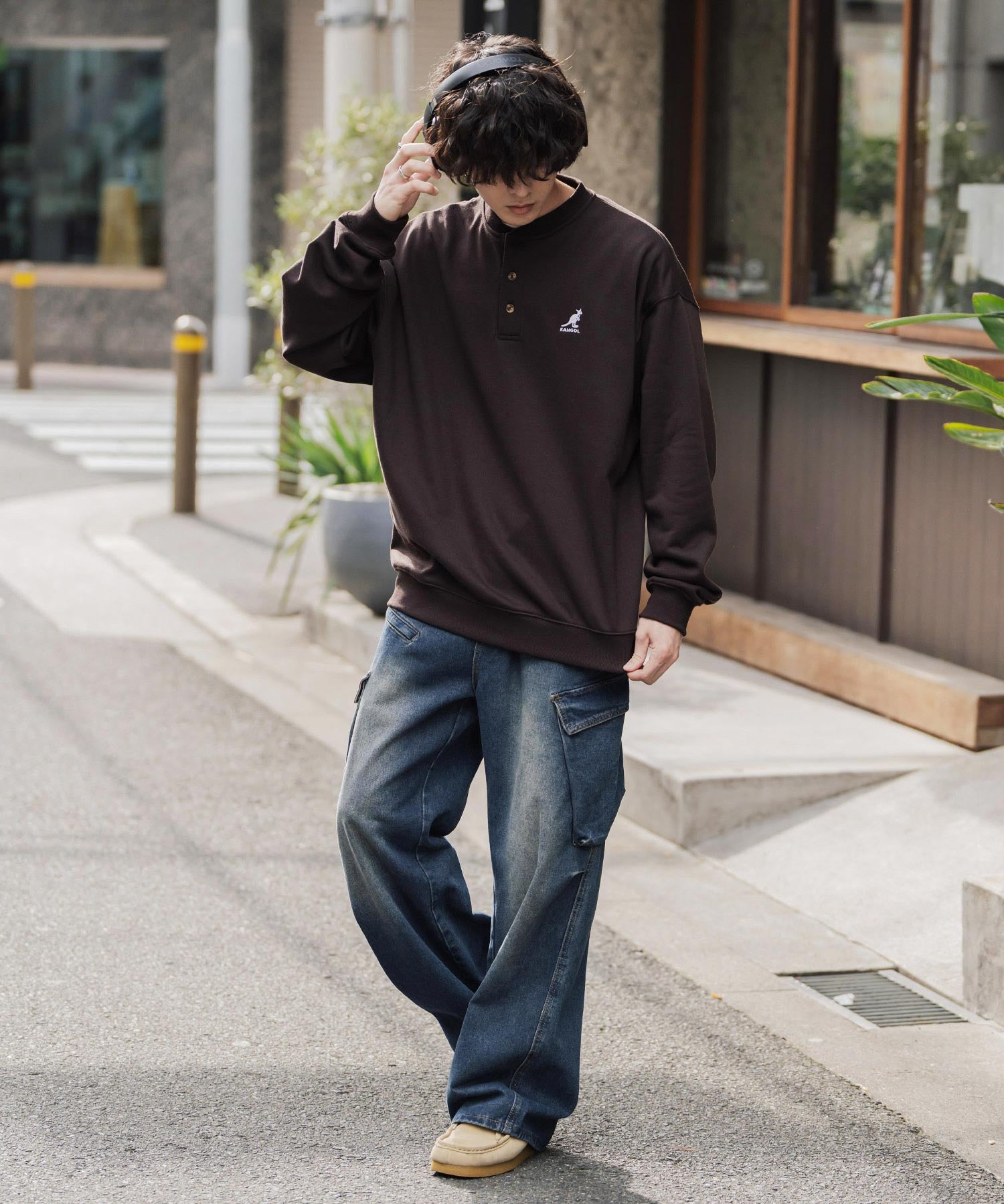 KANGOL カンゴール 別注コラボ オーバーサイズ裏起毛ワンポイントロゴ刺繍ヘンリーネックトレーナー 16000