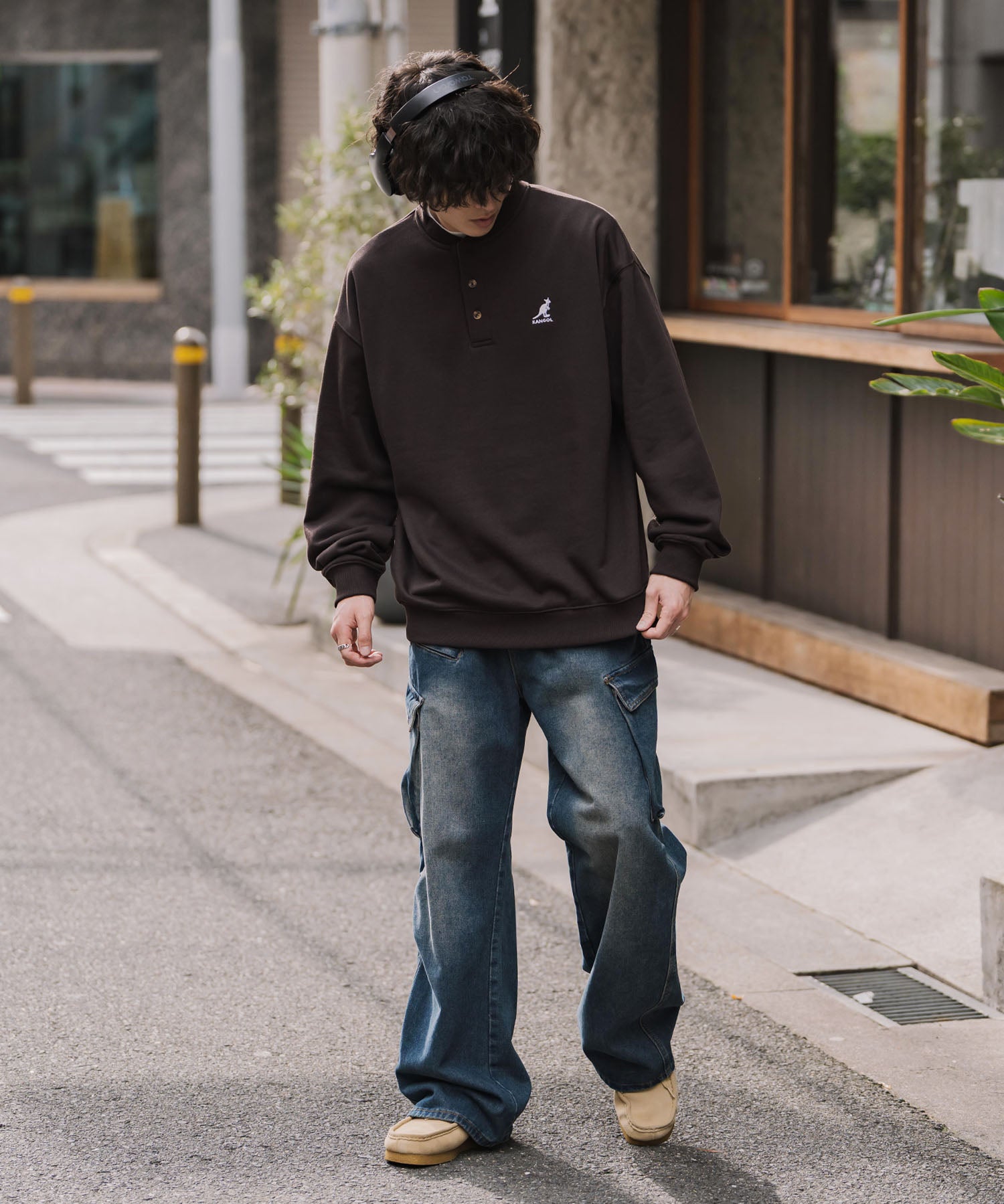 KANGOL カンゴール 別注コラボ オーバーサイズ裏起毛ワンポイントロゴ刺繍ヘンリーネックトレーナー 16000