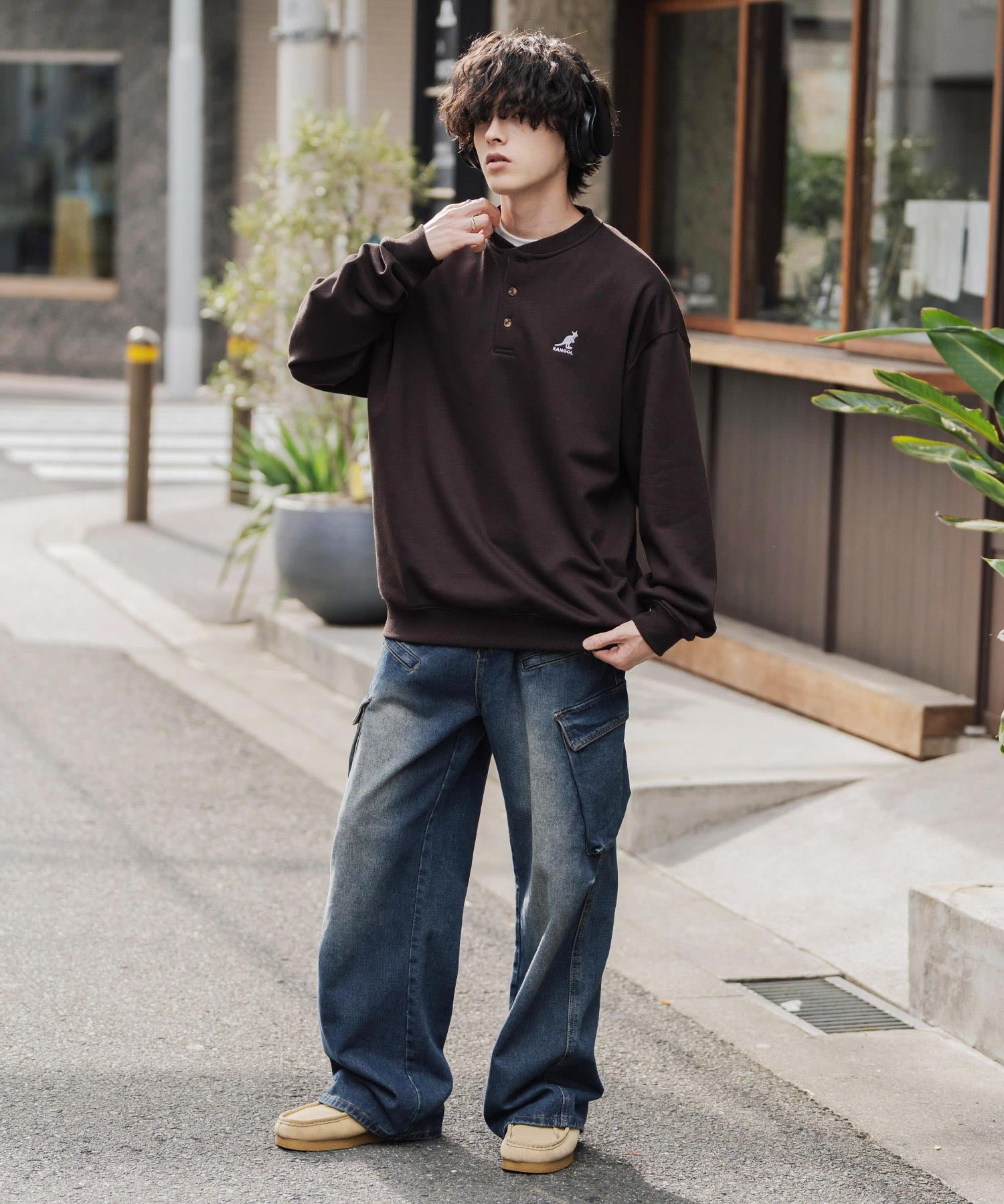 KANGOL カンゴール 別注コラボ オーバーサイズ裏起毛ワンポイントロゴ刺繍ヘンリーネックトレーナー 16000