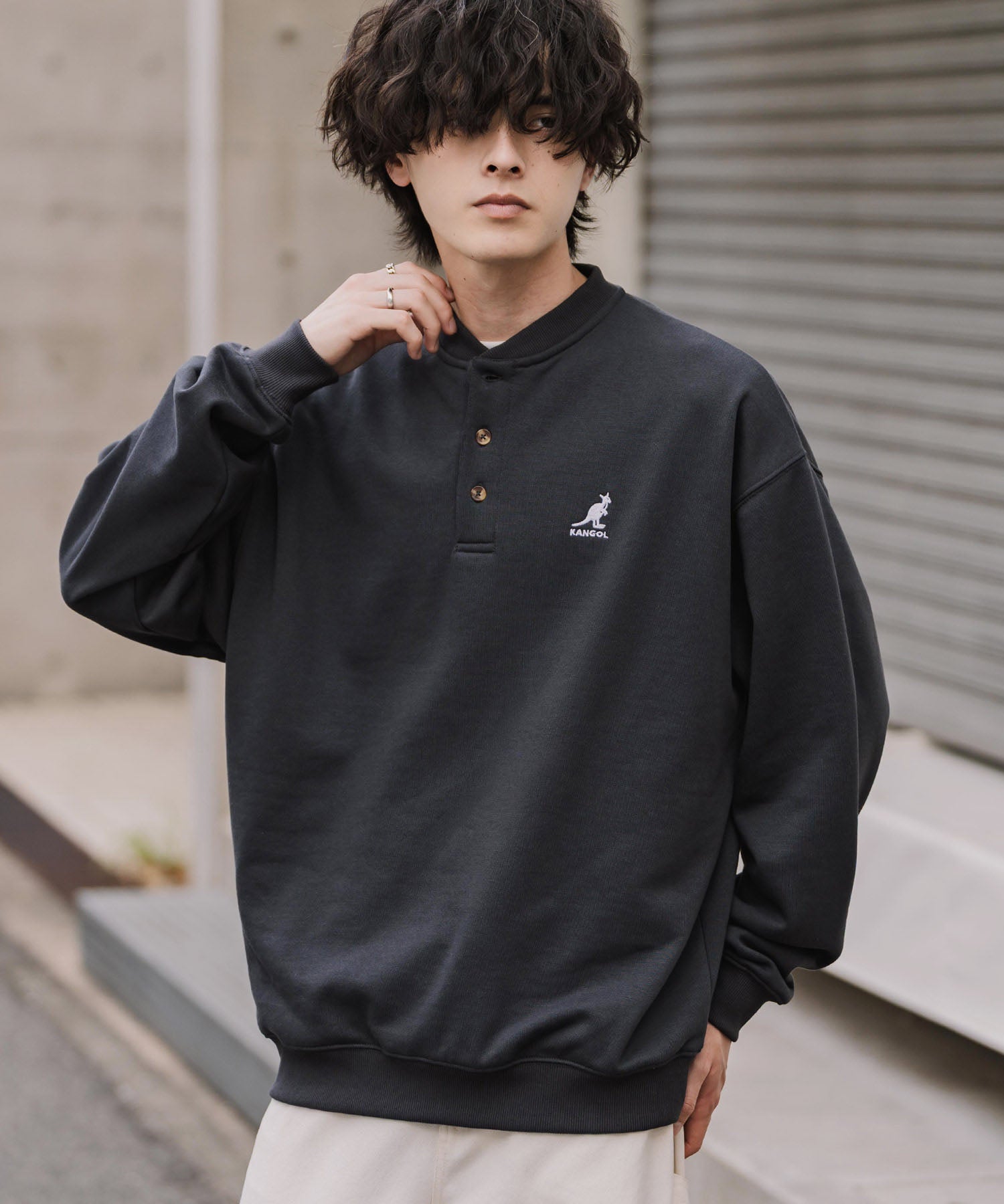 KANGOL カンゴール 別注コラボ オーバーサイズ裏起毛ワンポイントロゴ刺繍ヘンリーネックトレーナー 16000
