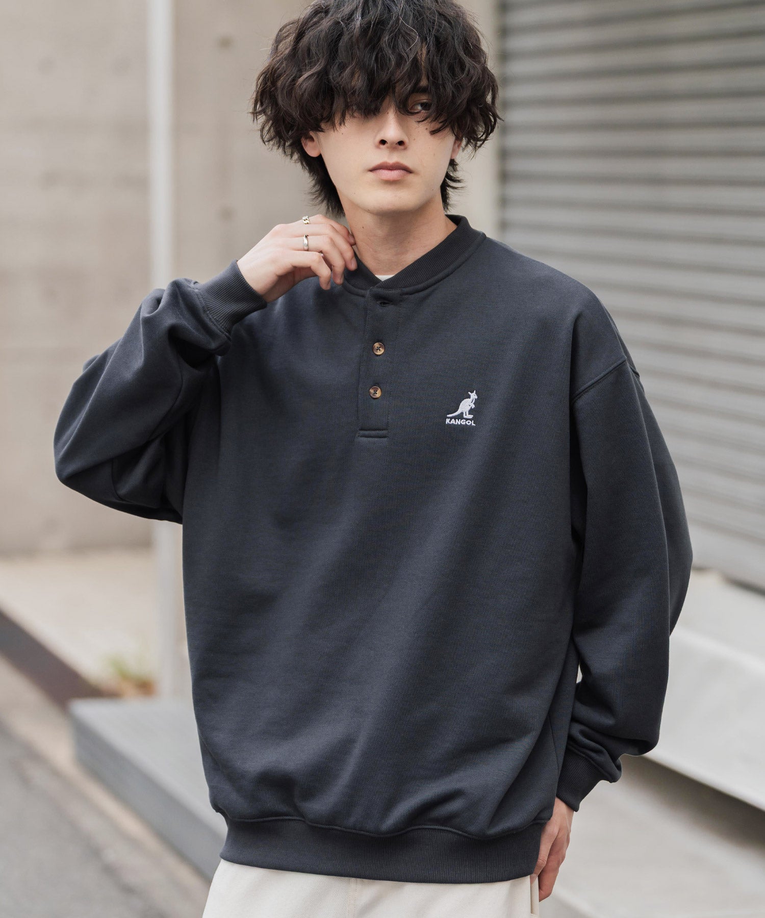 KANGOL カンゴール 別注コラボ オーバーサイズ裏起毛ワンポイントロゴ刺繍ヘンリーネックトレーナー 16000