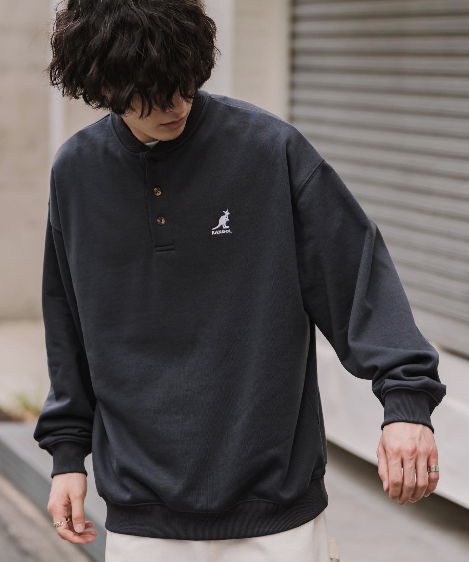 KANGOL カンゴール 別注コラボ オーバーサイズ裏起毛ワンポイントロゴ刺繍ヘンリーネックトレーナー 16000