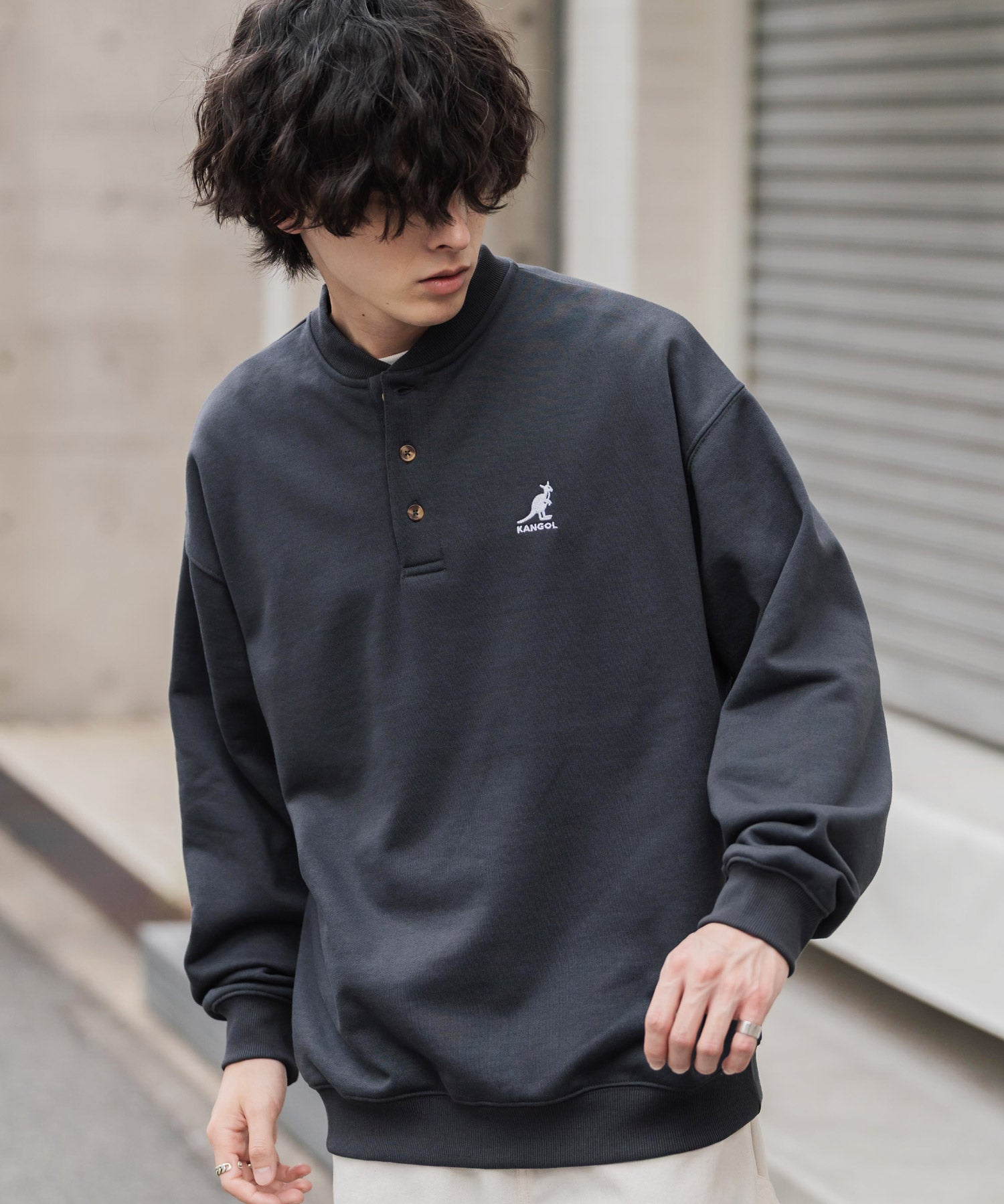 KANGOL カンゴール 別注コラボ オーバーサイズ裏起毛ワンポイントロゴ刺繍ヘンリーネックトレーナー 16000