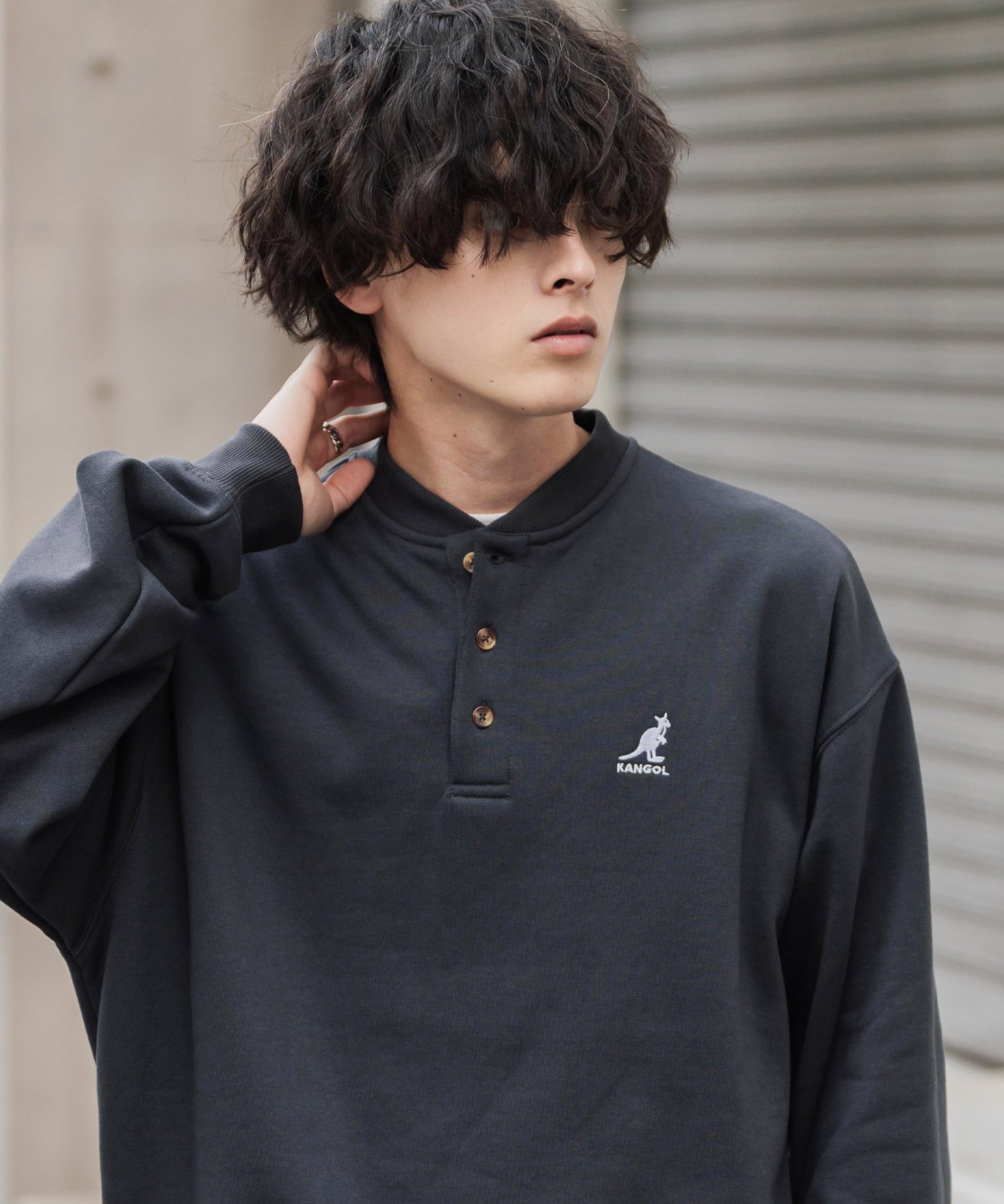 KANGOL カンゴール 別注コラボ オーバーサイズ裏起毛ワンポイントロゴ刺繍ヘンリーネックトレーナー 16000