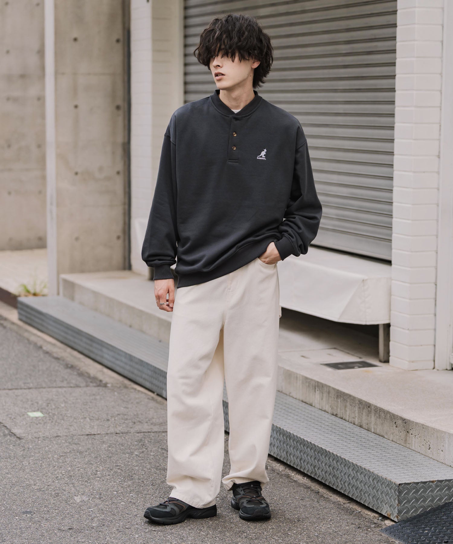 KANGOL カンゴール 別注コラボ オーバーサイズ裏起毛ワンポイントロゴ刺繍ヘンリーネックトレーナー 16000