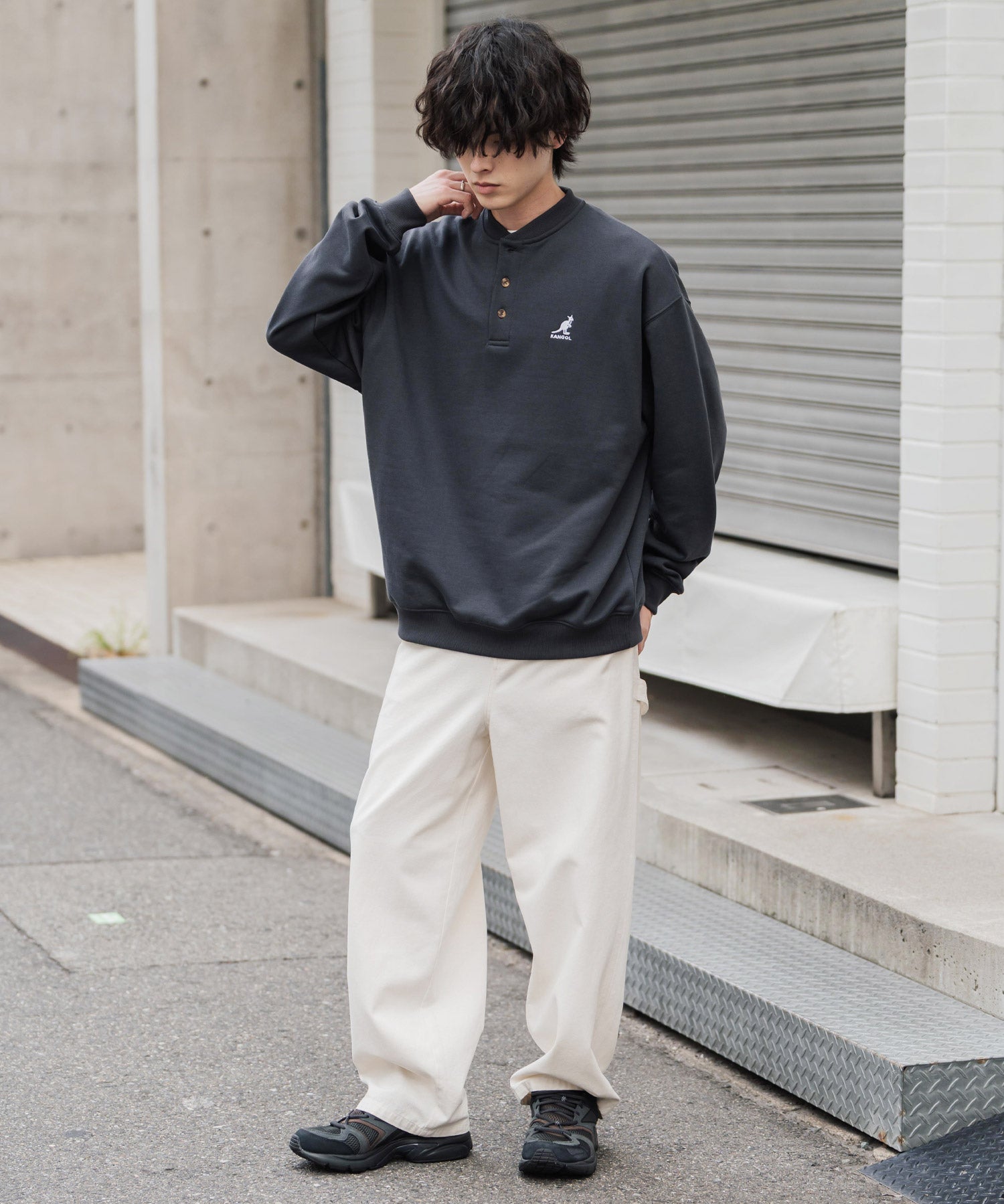 KANGOL カンゴール 別注コラボ オーバーサイズ裏起毛ワンポイントロゴ刺繍ヘンリーネックトレーナー 16000
