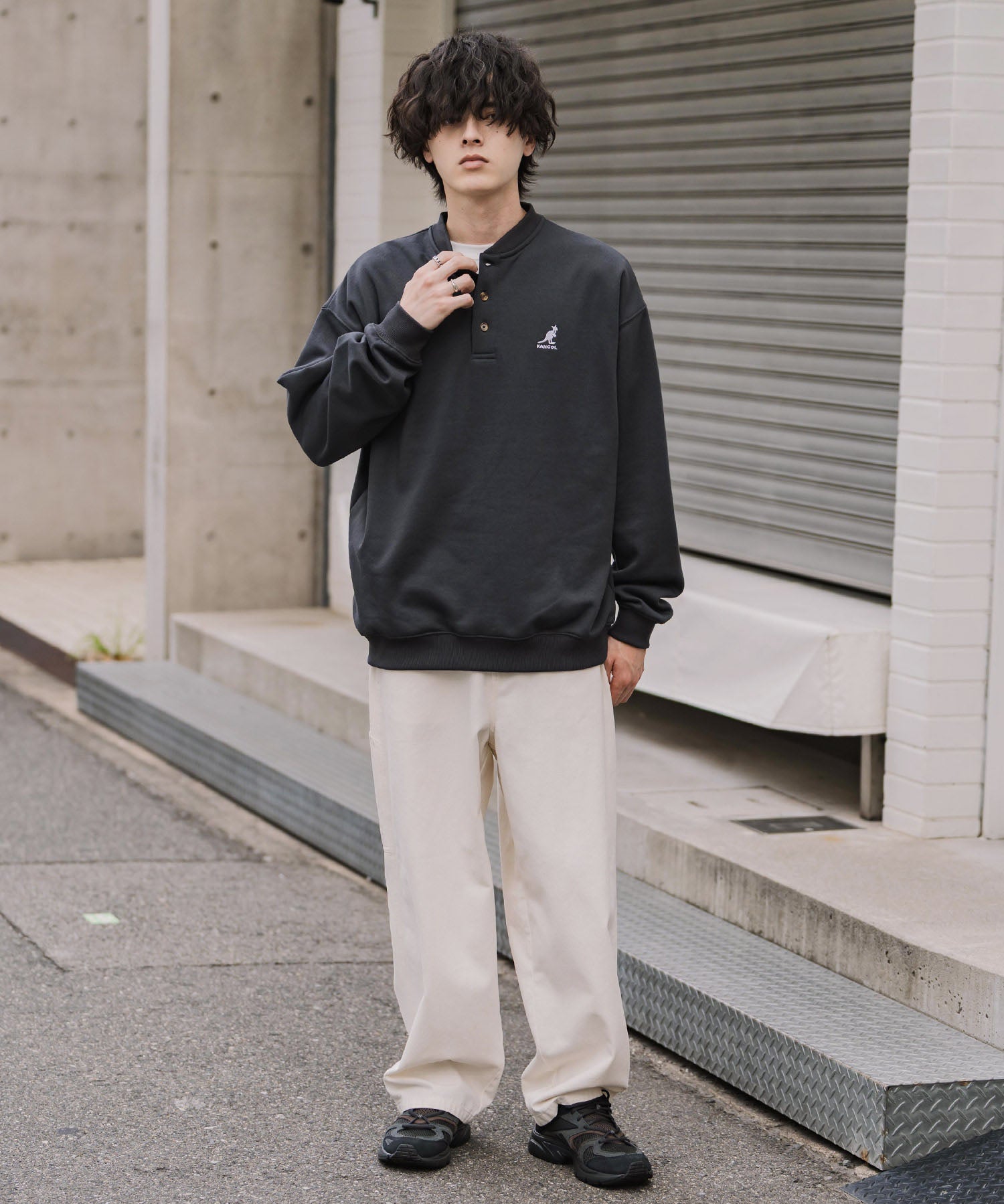 KANGOL カンゴール 別注コラボ オーバーサイズ裏起毛ワンポイントロゴ刺繍ヘンリーネックトレーナー 16000