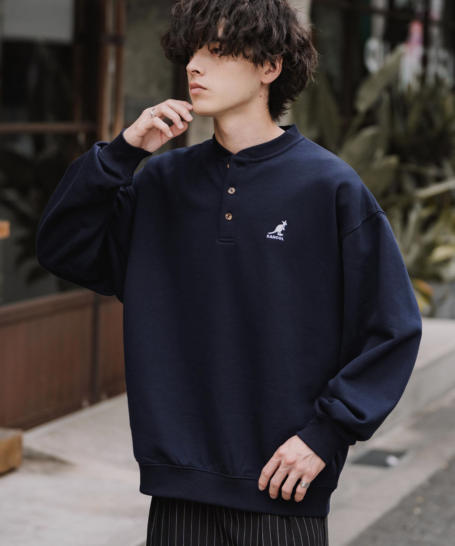 KANGOL カンゴール 別注コラボ オーバーサイズ裏起毛ワンポイントロゴ刺繍ヘンリーネックトレーナー 16000