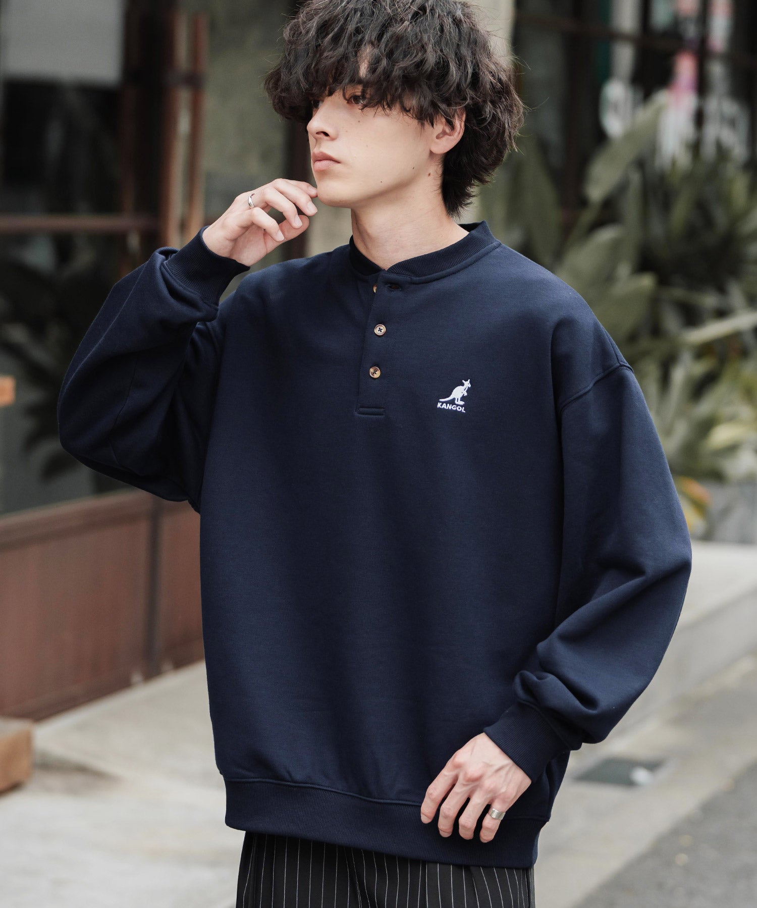 KANGOL カンゴール 別注コラボ オーバーサイズ裏起毛ワンポイントロゴ刺繍ヘンリーネックトレーナー 16000