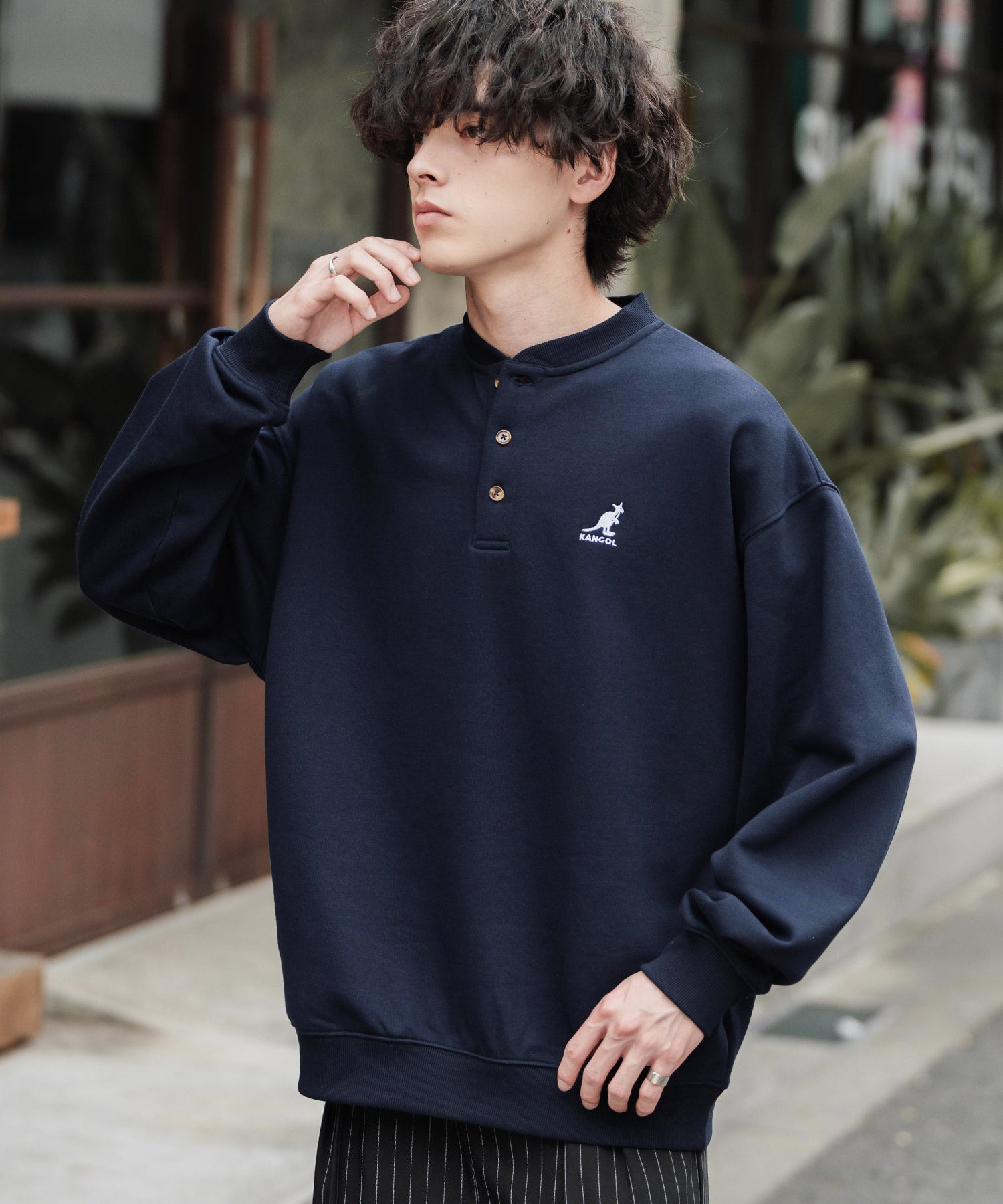 KANGOL カンゴール 別注コラボ オーバーサイズ裏起毛ワンポイントロゴ刺繍ヘンリーネックトレーナー 16000