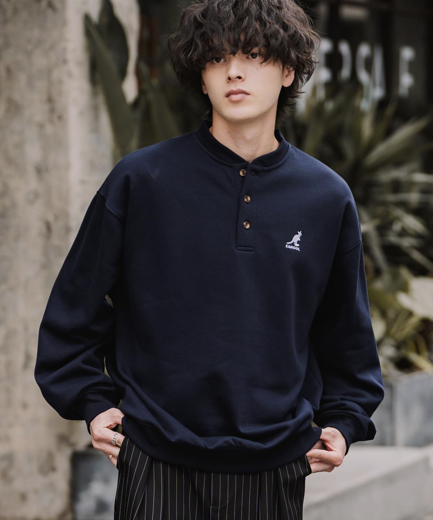 KANGOL カンゴール 別注コラボ オーバーサイズ裏起毛ワンポイントロゴ刺繍ヘンリーネックトレーナー 16000