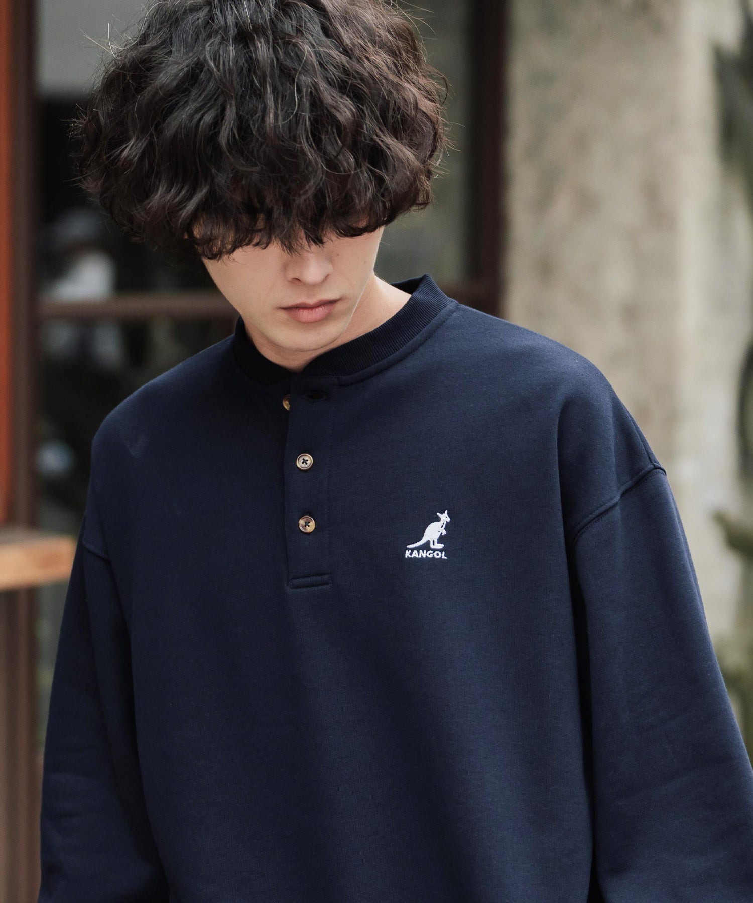 KANGOL カンゴール 別注コラボ オーバーサイズ裏起毛ワンポイントロゴ刺繍ヘンリーネックトレーナー 16000