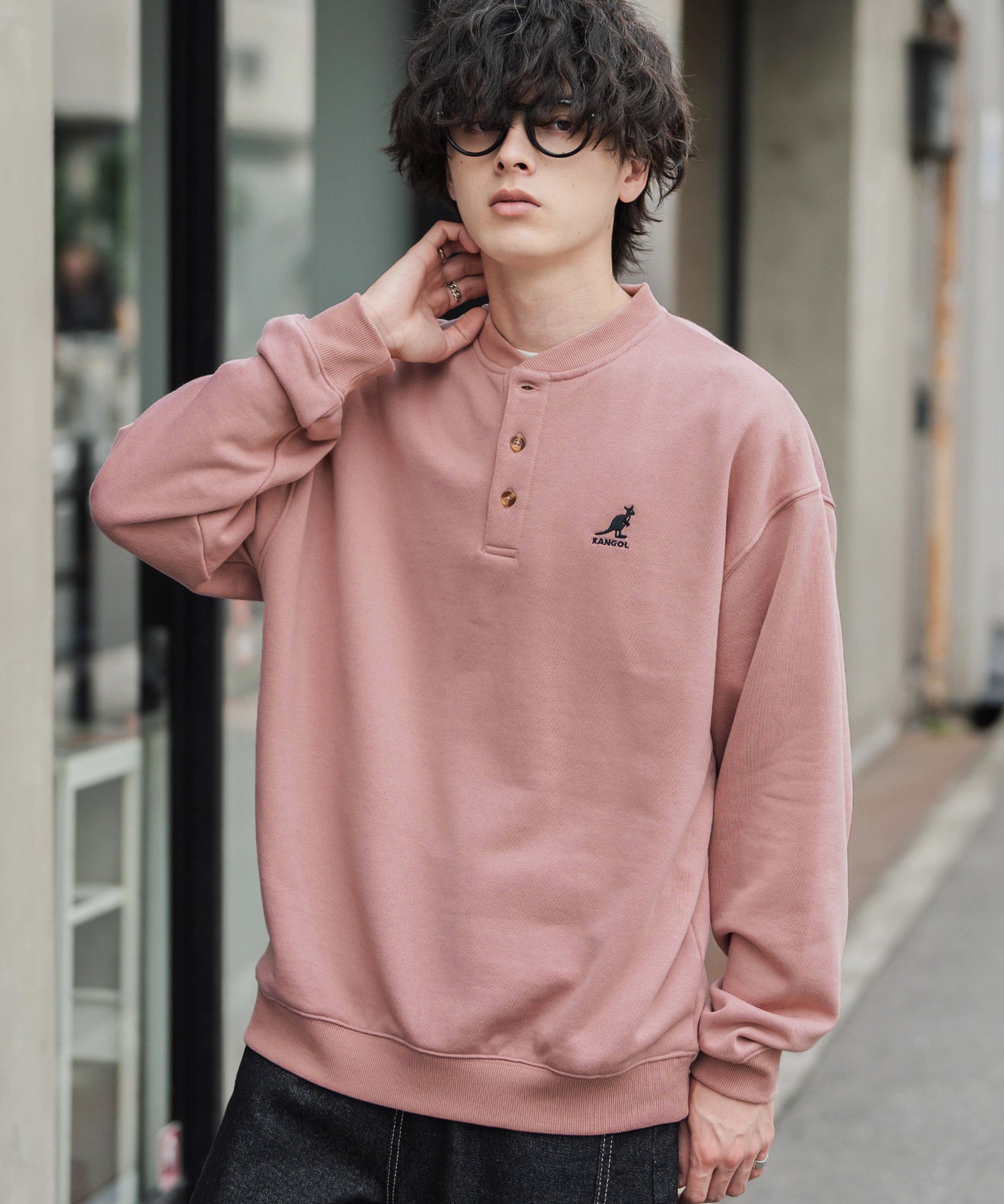 KANGOL カンゴール 別注コラボ オーバーサイズ裏起毛ワンポイントロゴ刺繍ヘンリーネックトレーナー 16000