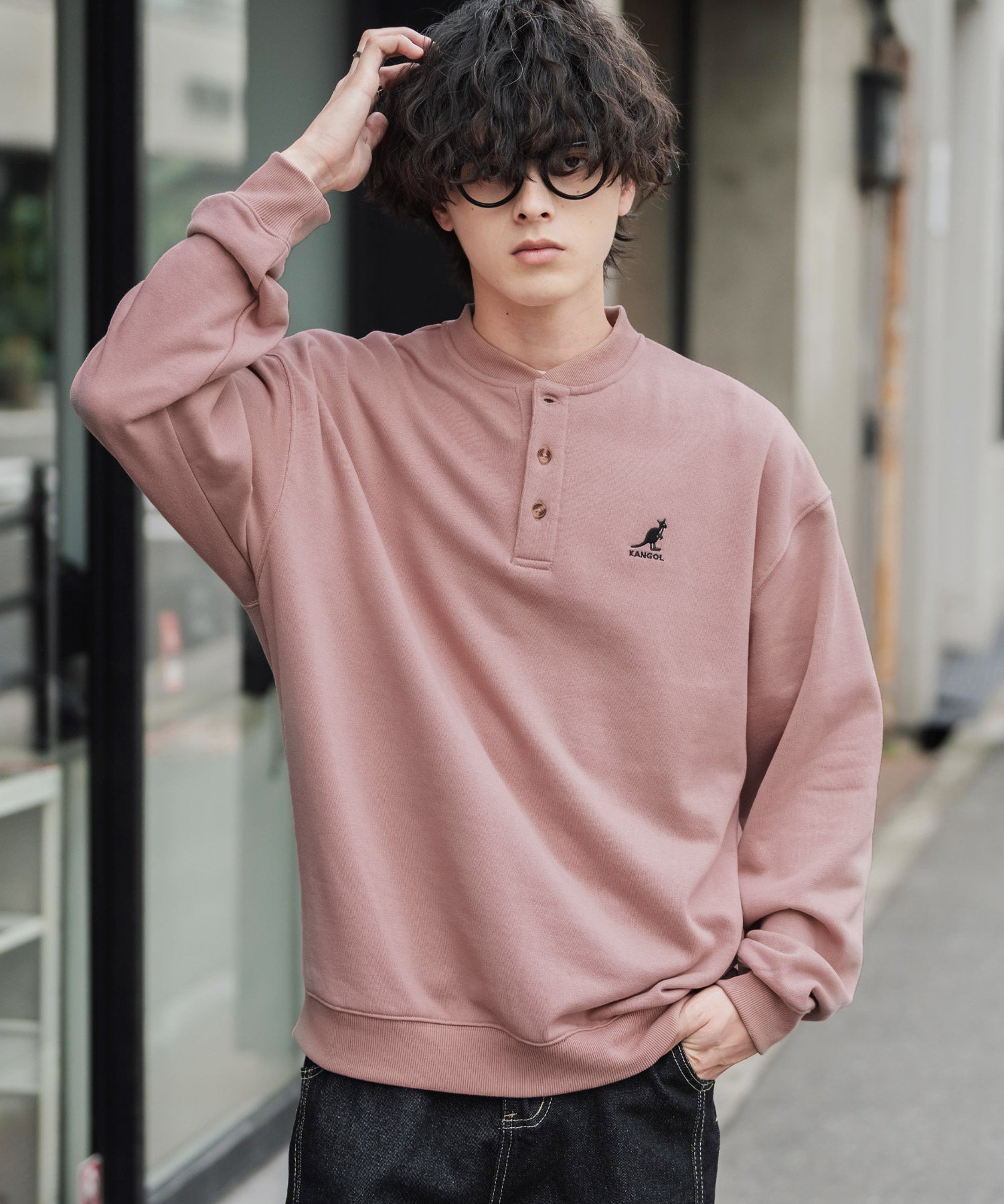KANGOL カンゴール 別注コラボ オーバーサイズ裏起毛ワンポイントロゴ刺繍ヘンリーネックトレーナー 16000