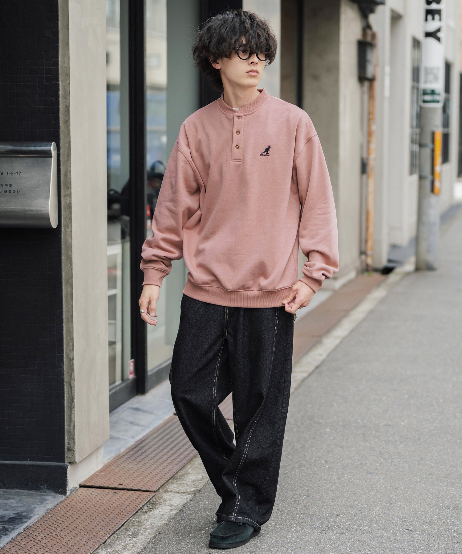 KANGOL カンゴール 別注コラボ オーバーサイズ裏起毛ワンポイントロゴ刺繍ヘンリーネックトレーナー 16000