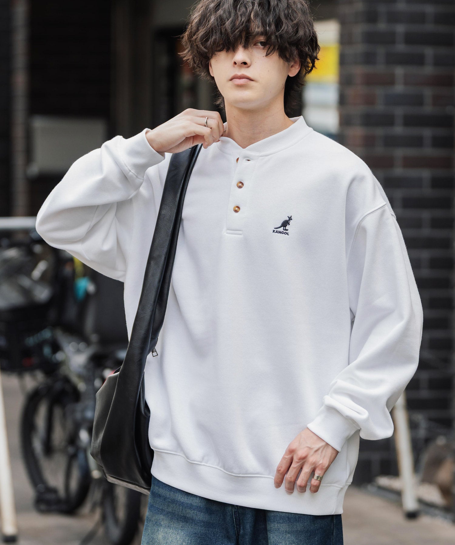 KANGOL カンゴール 別注コラボ オーバーサイズ裏起毛ワンポイントロゴ刺繍ヘンリーネックトレーナー 16000