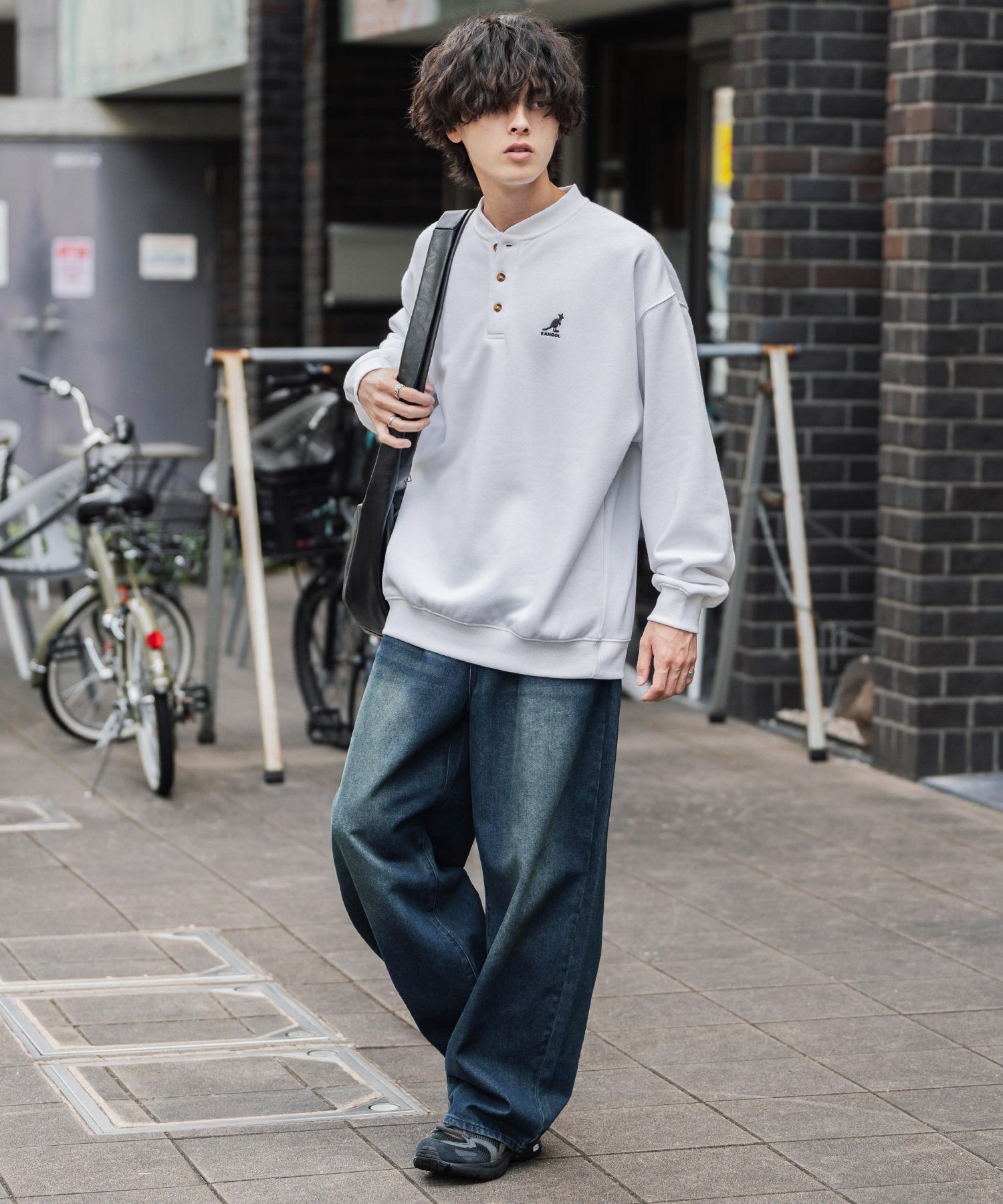 KANGOL カンゴール 別注コラボ オーバーサイズ裏起毛ワンポイントロゴ刺繍ヘンリーネックトレーナー 16000