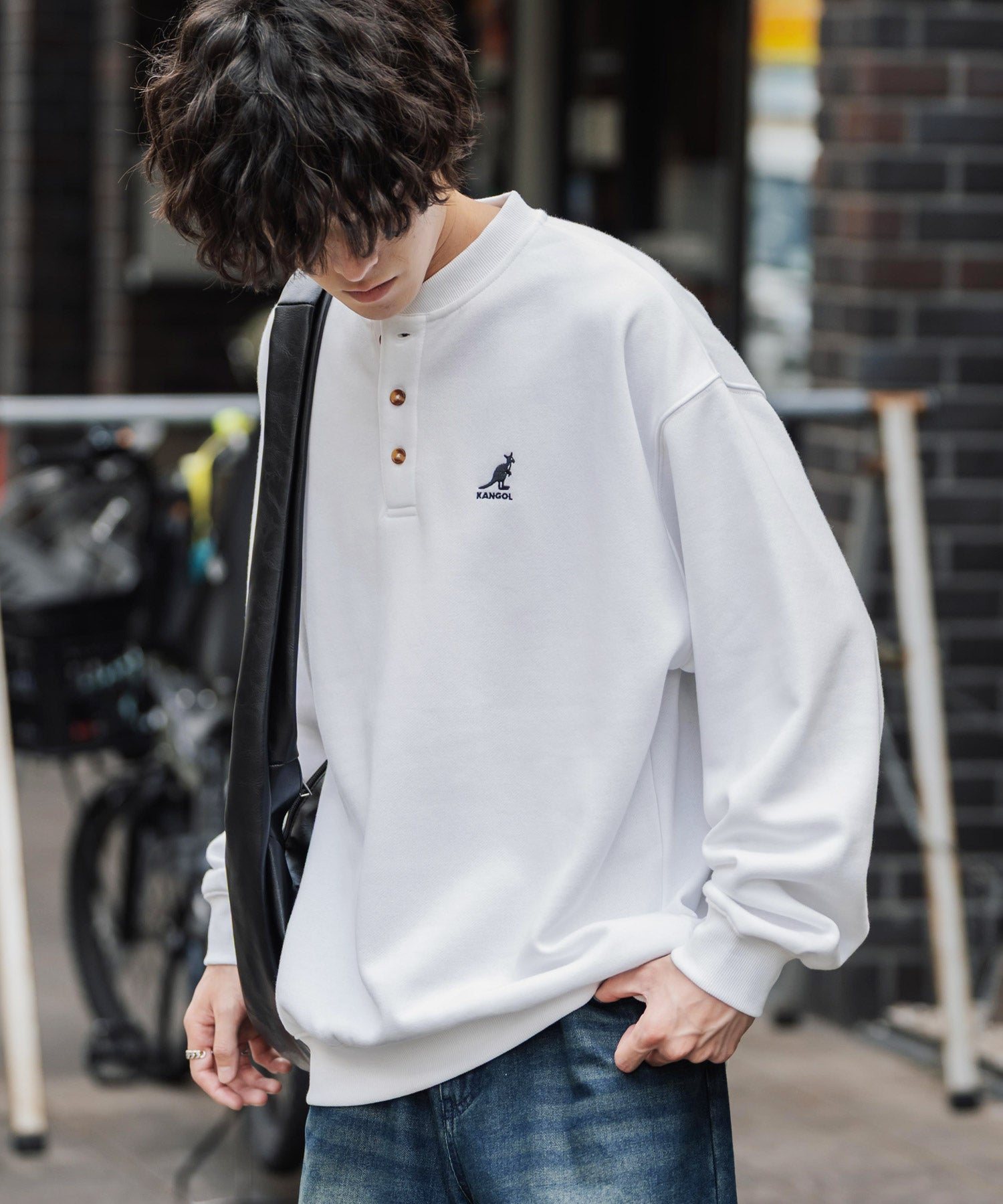 KANGOL カンゴール 別注コラボ オーバーサイズ裏起毛ワンポイントロゴ刺繍ヘンリーネックトレーナー 16000