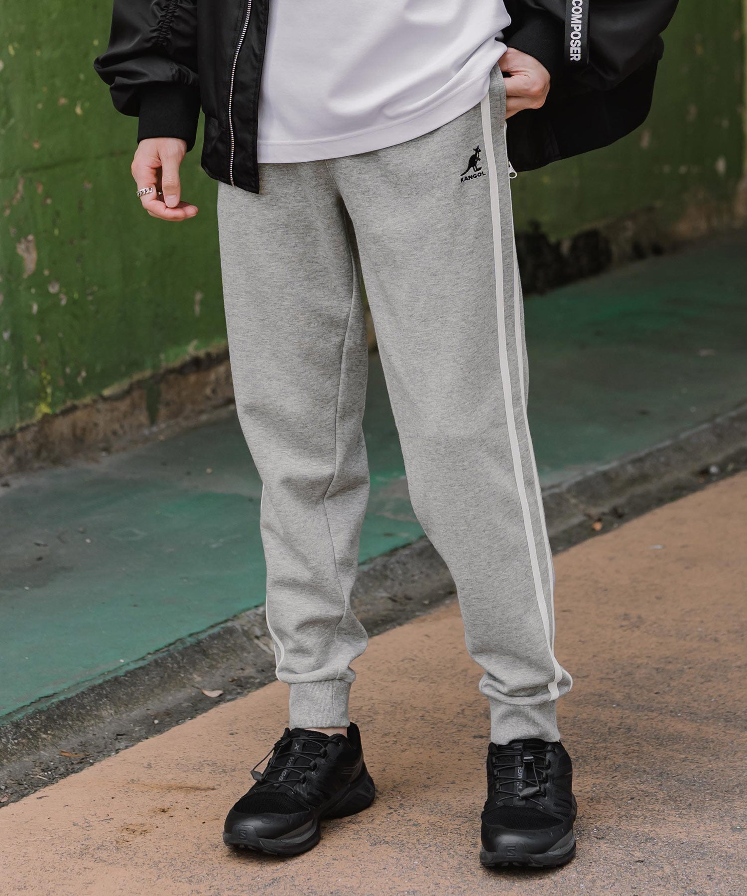 KANGOL カンゴール 別注コラボ 無地＆サイドライン ワンポイントロゴ刺繍ポンチスウェットスリムイージージョガーパンツ 16001