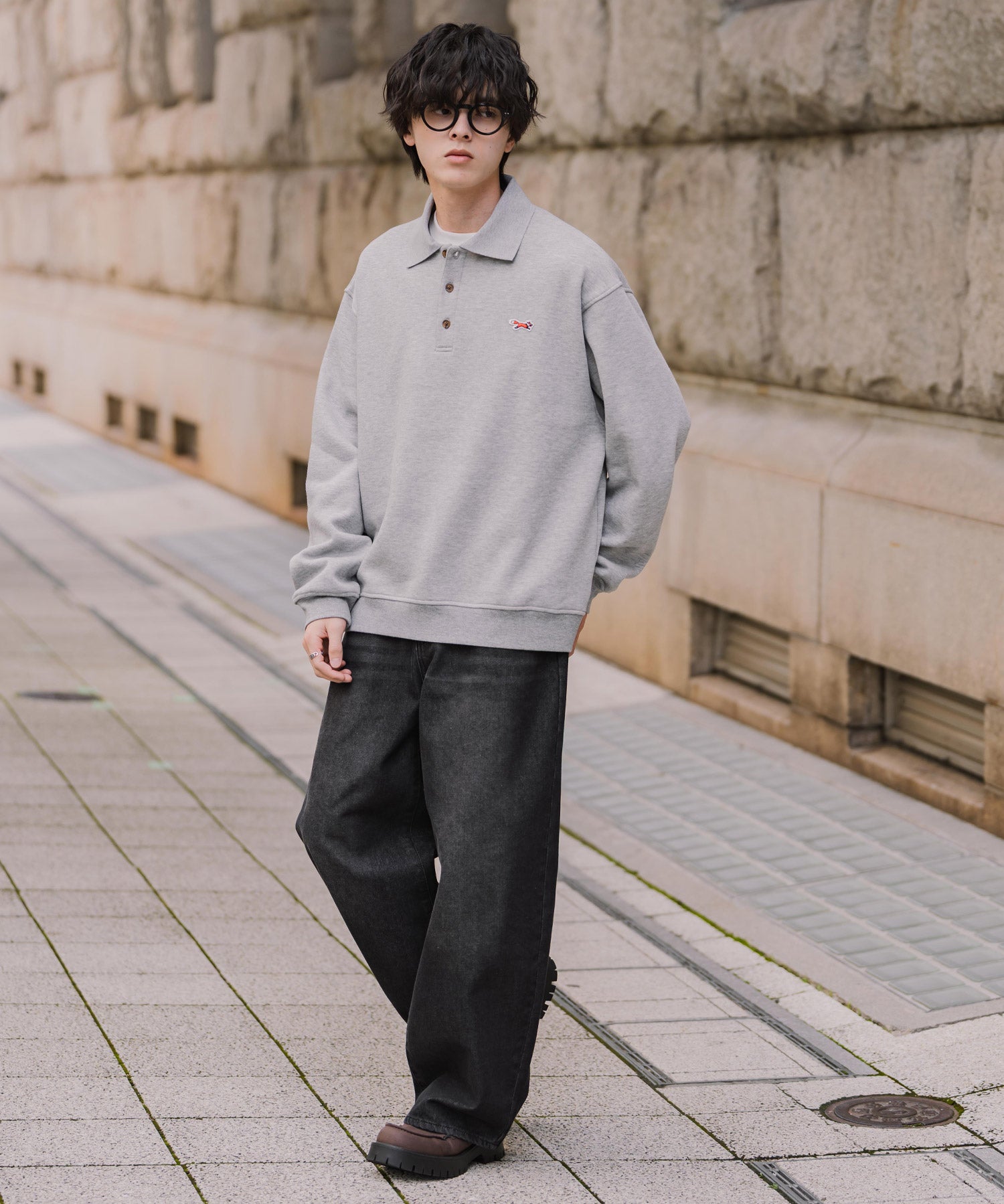 PENNEYS ぺニーズ 別注コラボ オーバーサイズ裏起毛ワンポイントロゴワッペン刺繍スウェットポロシャツ 16003