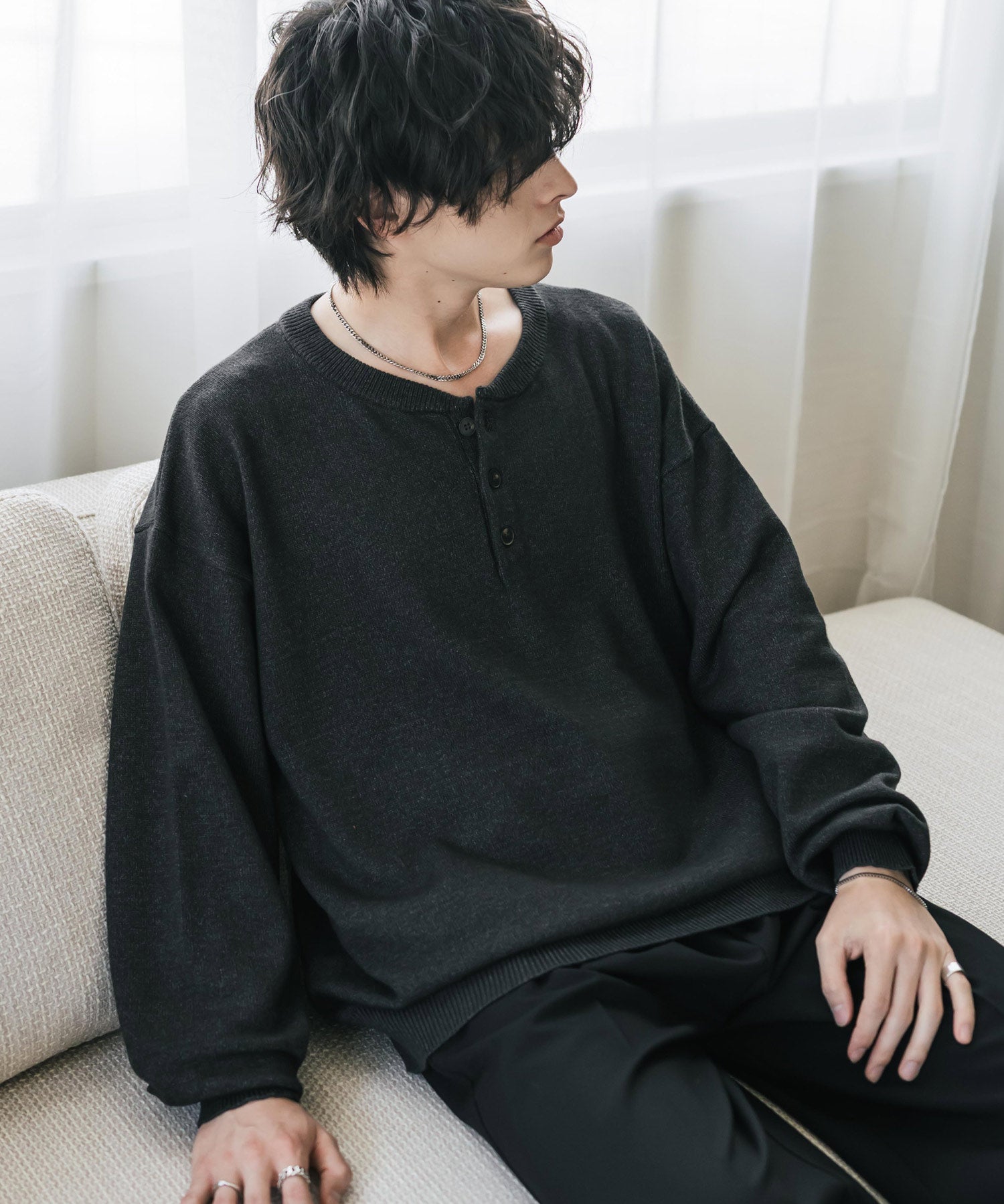 リラックスフィット多機能ヘンリーネックニット 抗菌防臭 ストレッチ マシンウォッシャブル 16005