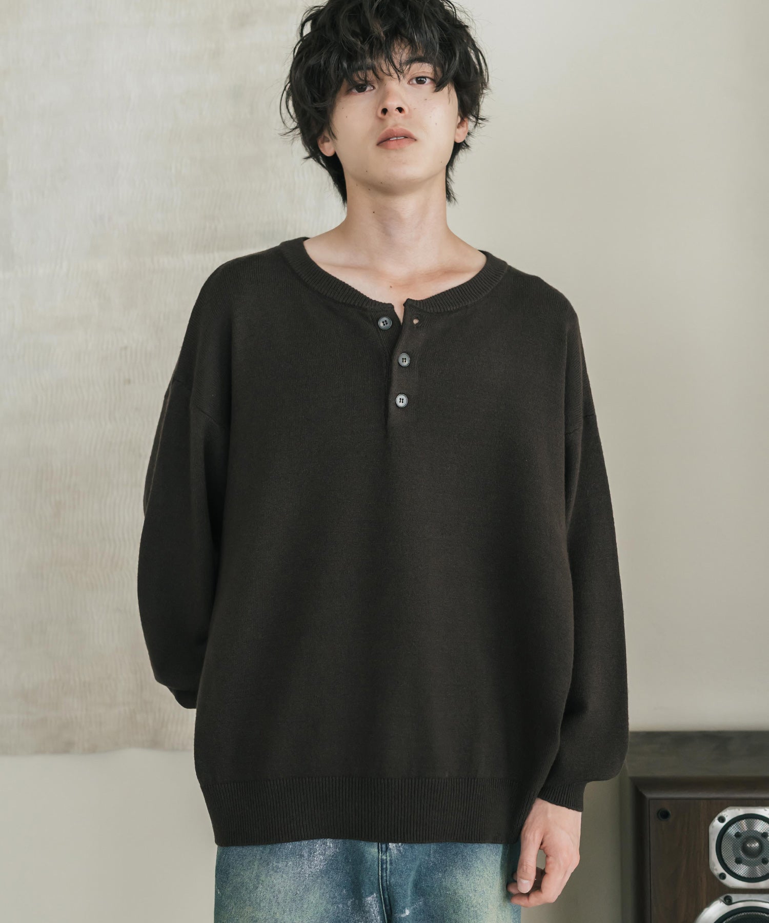 リラックスフィット多機能ヘンリーネックニット 抗菌防臭 ストレッチ マシンウォッシャブル 16005