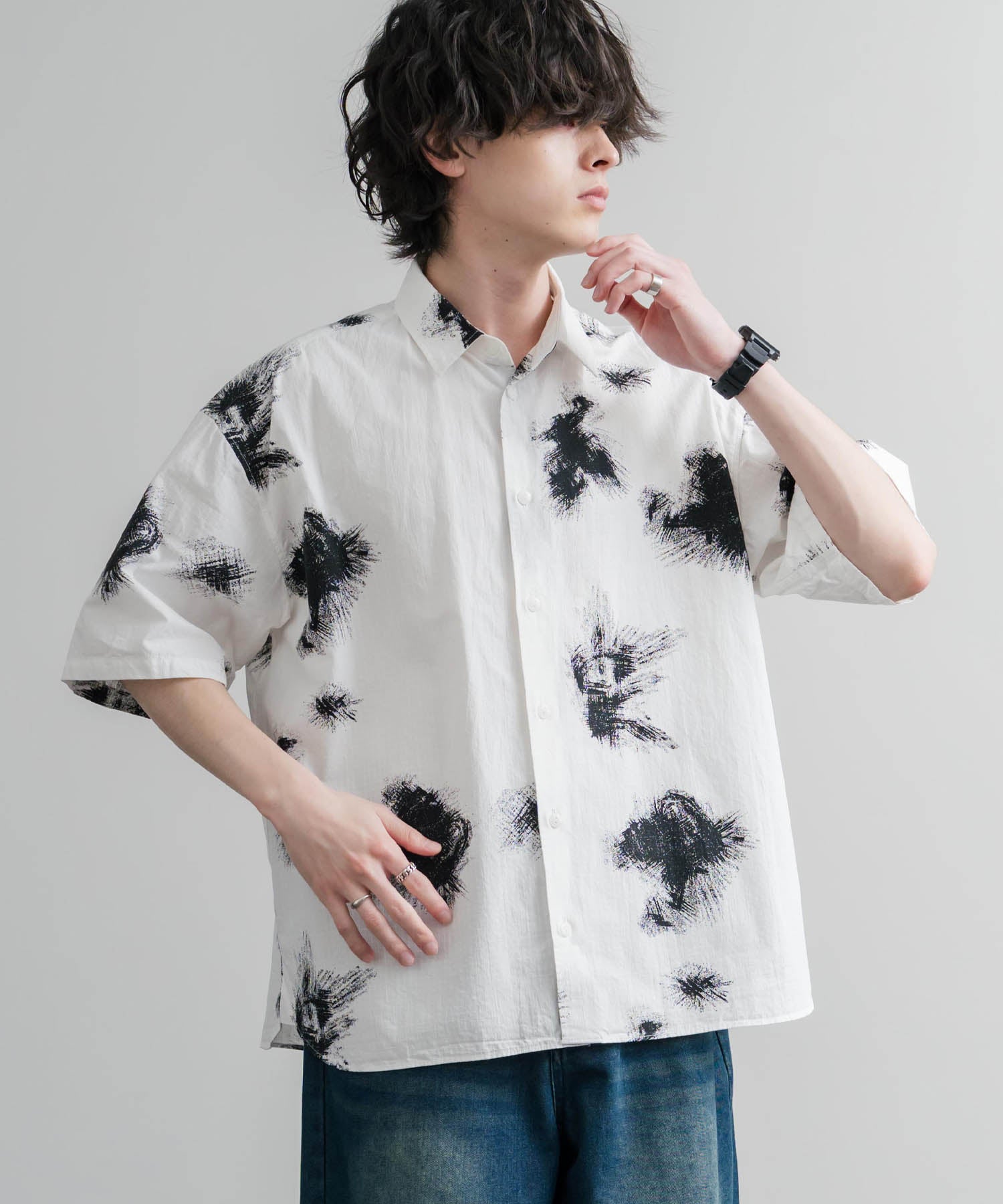 Upscape Audience アップスケープオーディエンス 日本製 国産 オーバーサイズGERMANスノーカモハーフスリーブシャツ AUD6719 16026