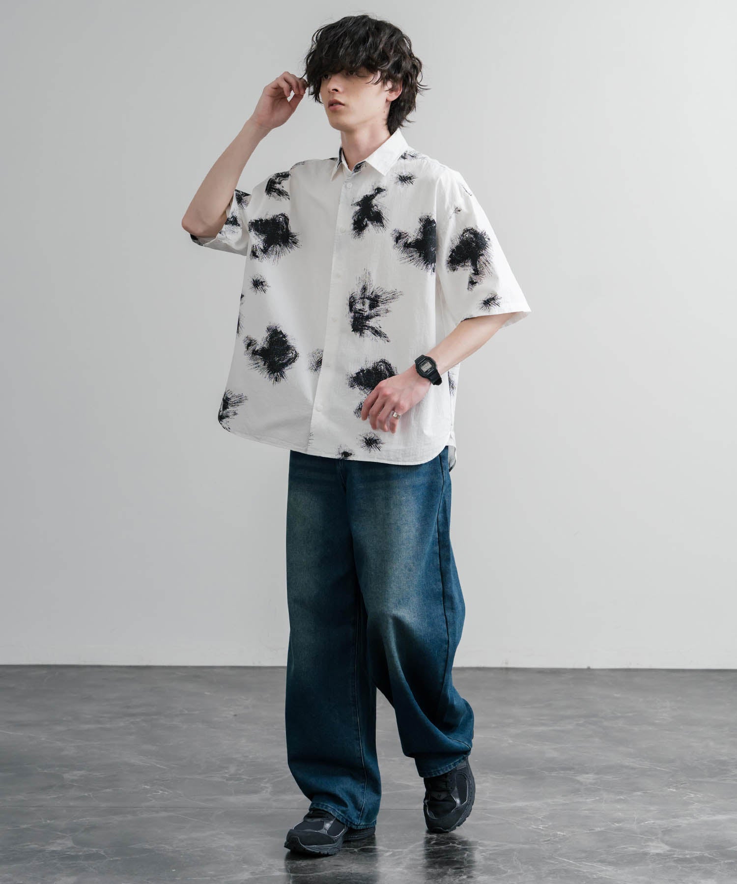 Upscape Audience アップスケープオーディエンス 日本製 国産 オーバーサイズGERMANスノーカモハーフスリーブシャツ AUD6719 16026