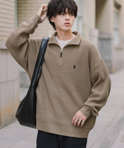U.S. POLO ASSN. ユーエスポロアッスン 別注コラボオーバーサイズワンポイントロゴ刺繍畦編みハーフジップ長袖ニットセーター 16030