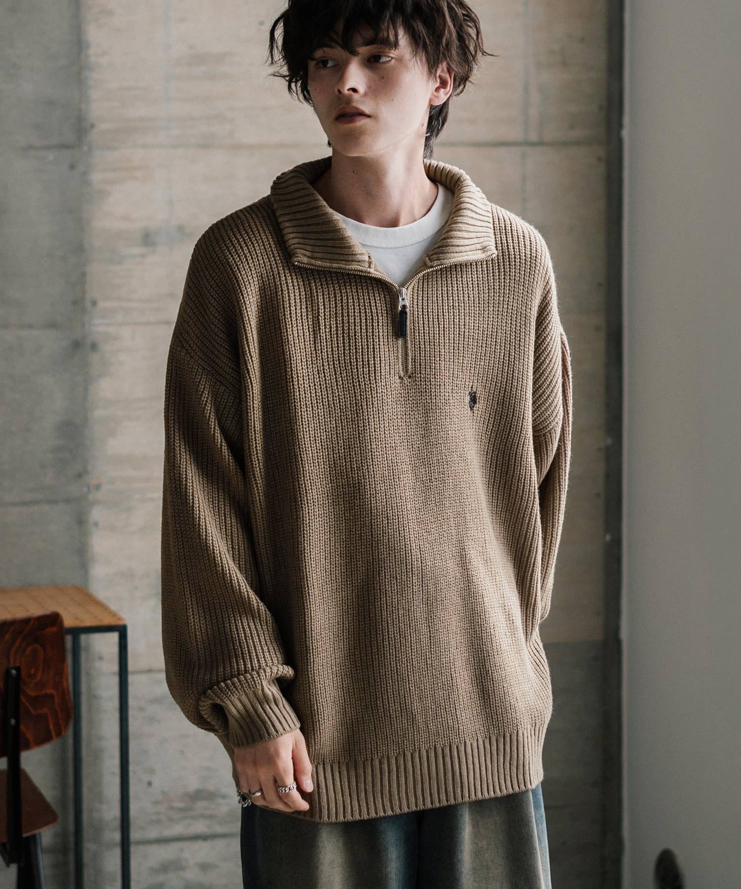 U.S. POLO ASSN. ユーエスポロアッスン 別注コラボオーバーサイズワンポイントロゴ刺繍畦編みハーフジップ長袖ニットセーター 16030