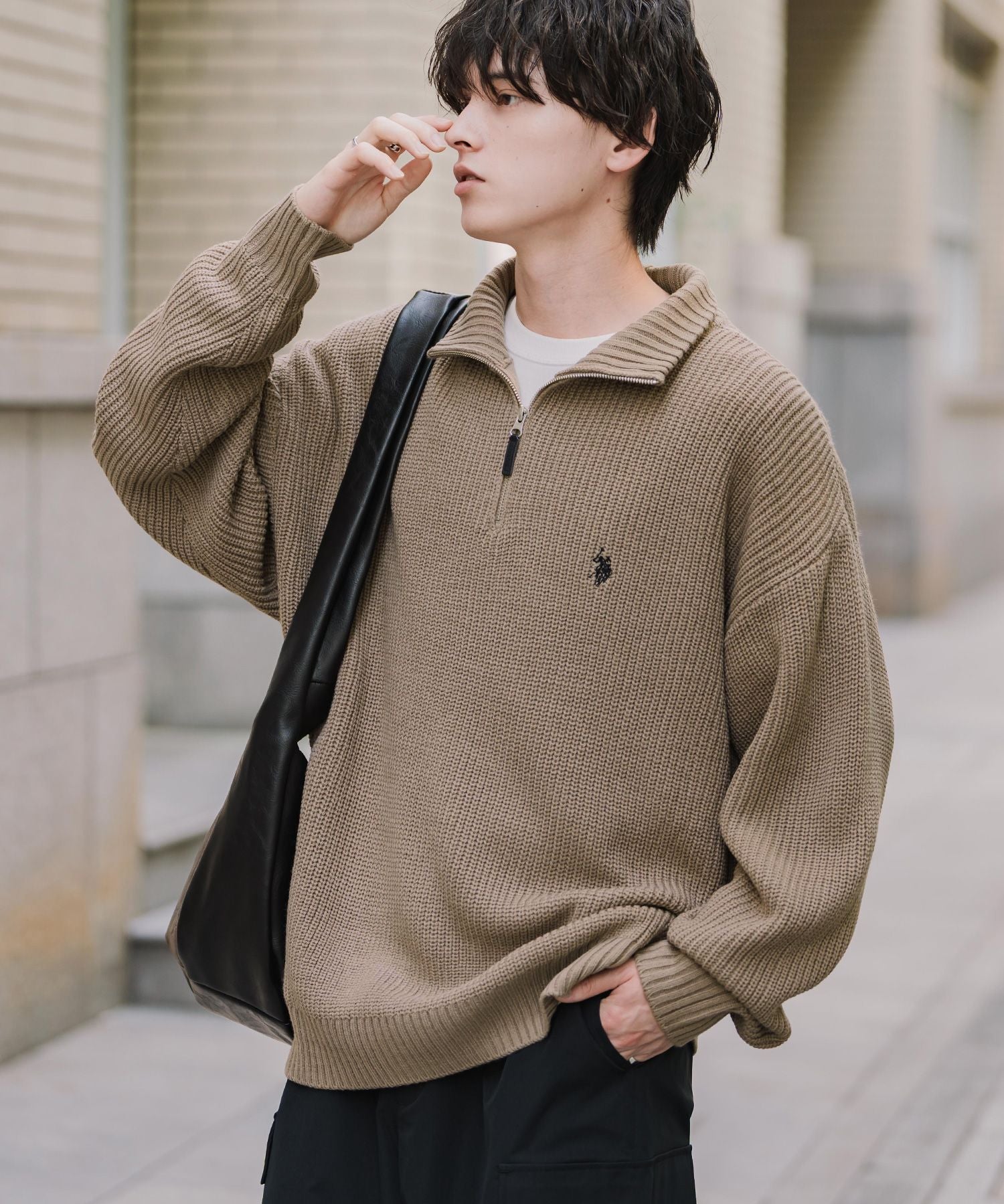 U.S. POLO ASSN. ユーエスポロアッスン 別注コラボオーバーサイズワンポイントロゴ刺繍畦編みハーフジップ長袖ニットセーター 16030