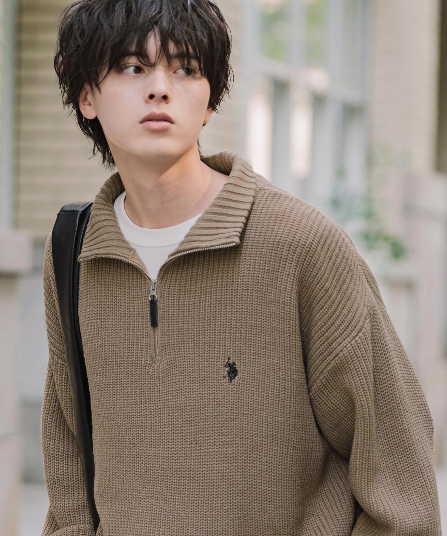 U.S. POLO ASSN. ユーエスポロアッスン 別注コラボオーバーサイズワンポイントロゴ刺繍畦編みハーフジップ長袖ニットセーター 16030